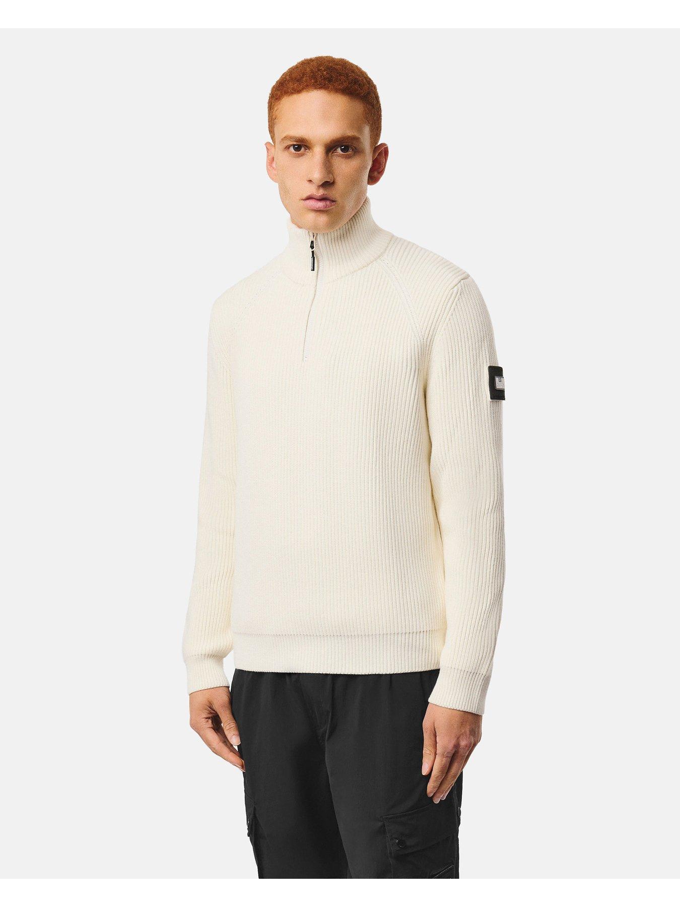 Image 1 of 7 of Weekend Offender Mens Rib Knit 1/4 Zip Funnel Neck Jumper - Cream