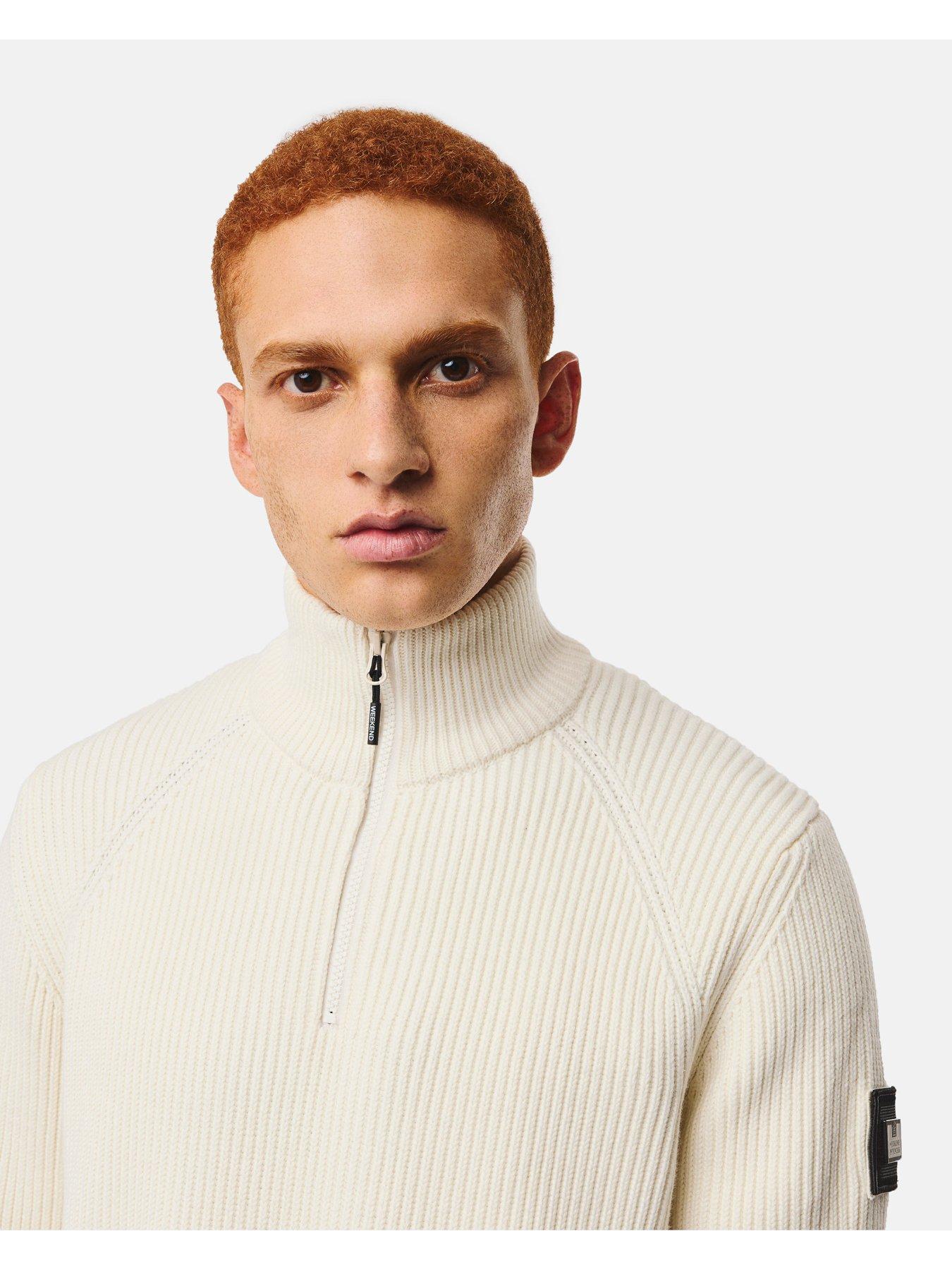 Image 2 of 7 of Weekend Offender Mens Rib Knit 1/4 Zip Funnel Neck Jumper - Cream