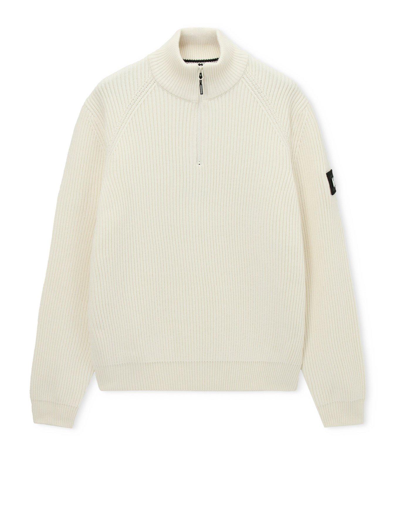 Image 5 of 7 of Weekend Offender Mens Rib Knit 1/4 Zip Funnel Neck Jumper - Cream