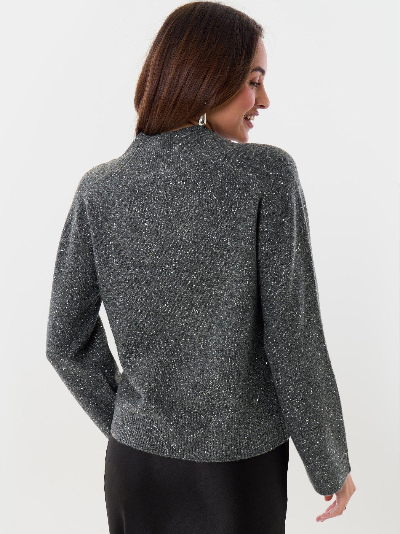 Image 2 of 4 of Threadbare Sequin V-neck Knitted Jumper In Charcoal Grey