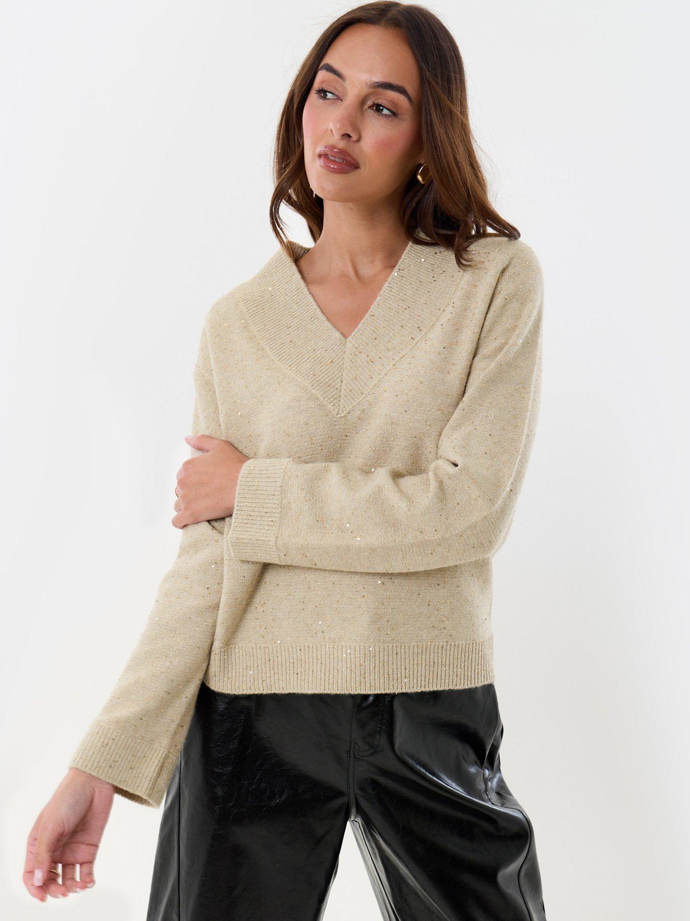 Image 1 of 5 of Threadbare Sequin V-neck Knitted Jumper In Ecru