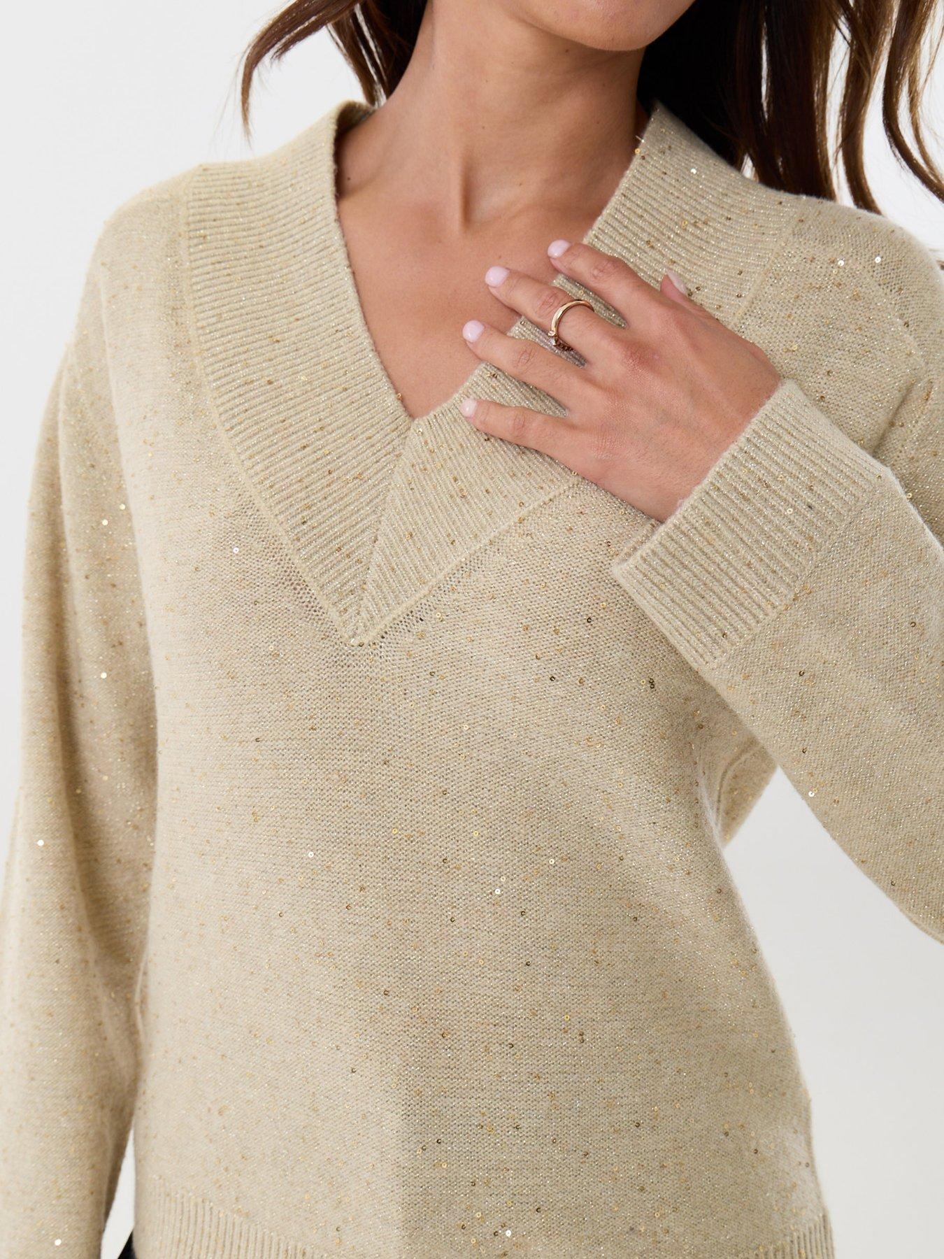 Image 4 of 5 of Threadbare Sequin V-neck Knitted Jumper In Ecru