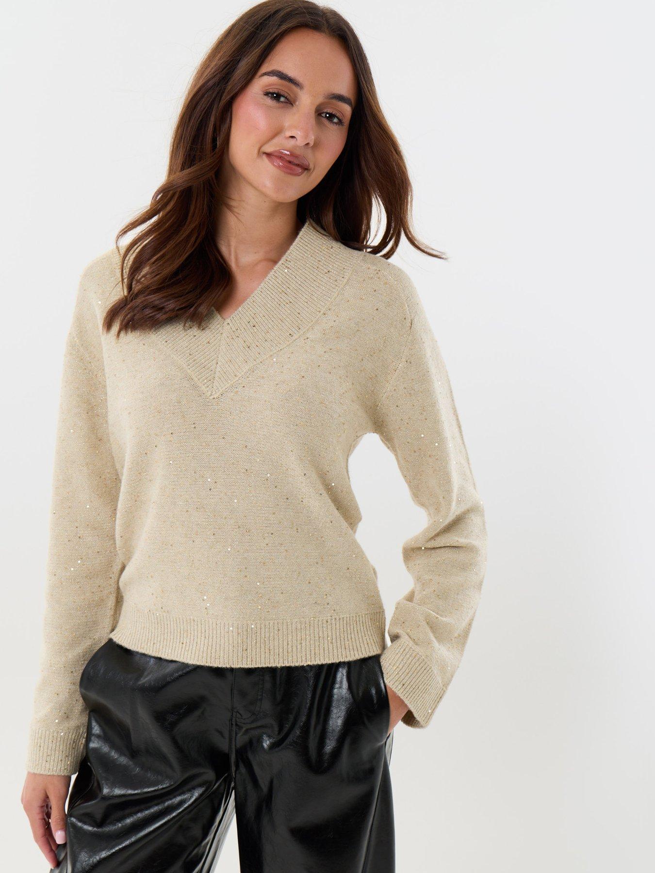 Image 5 of 5 of Threadbare Sequin V-neck Knitted Jumper In Ecru