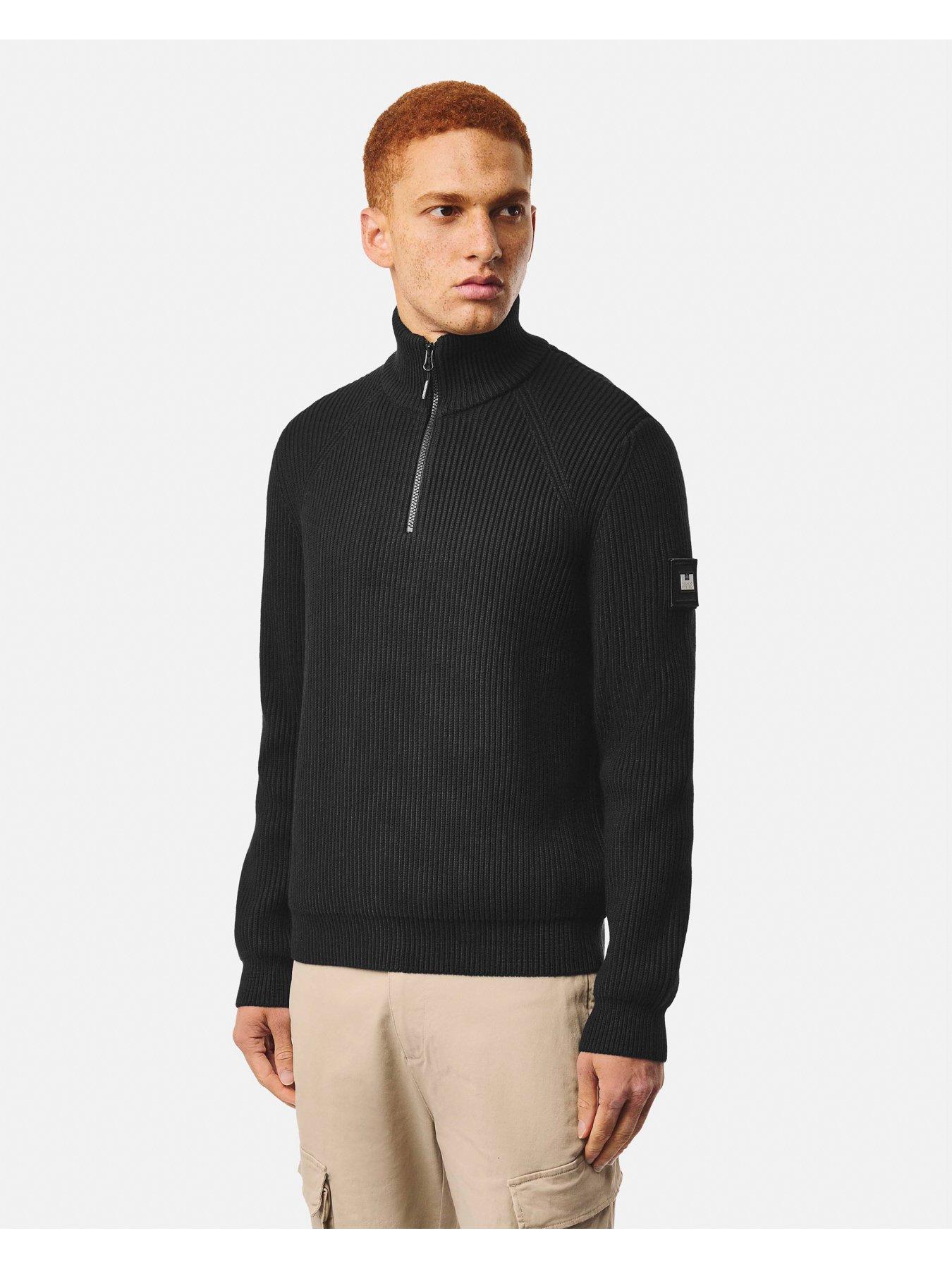 Image 1 of 7 of Weekend Offender Mens Quarter Zip Ribbed Knit Jumper - Black