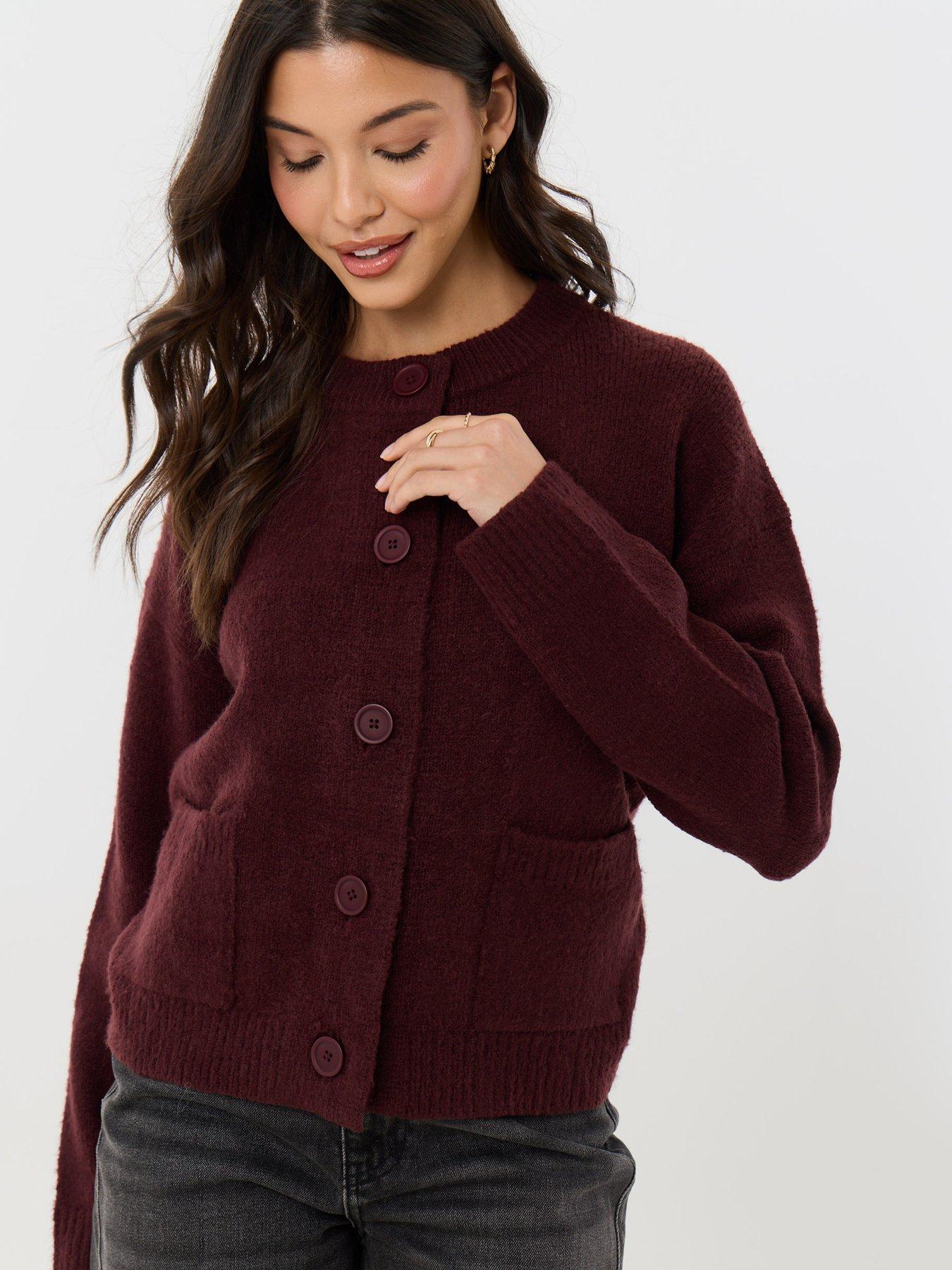 Image 1 of 4 of Threadbare Womens Pocket Detail Crew Neck Cardigan - Purple