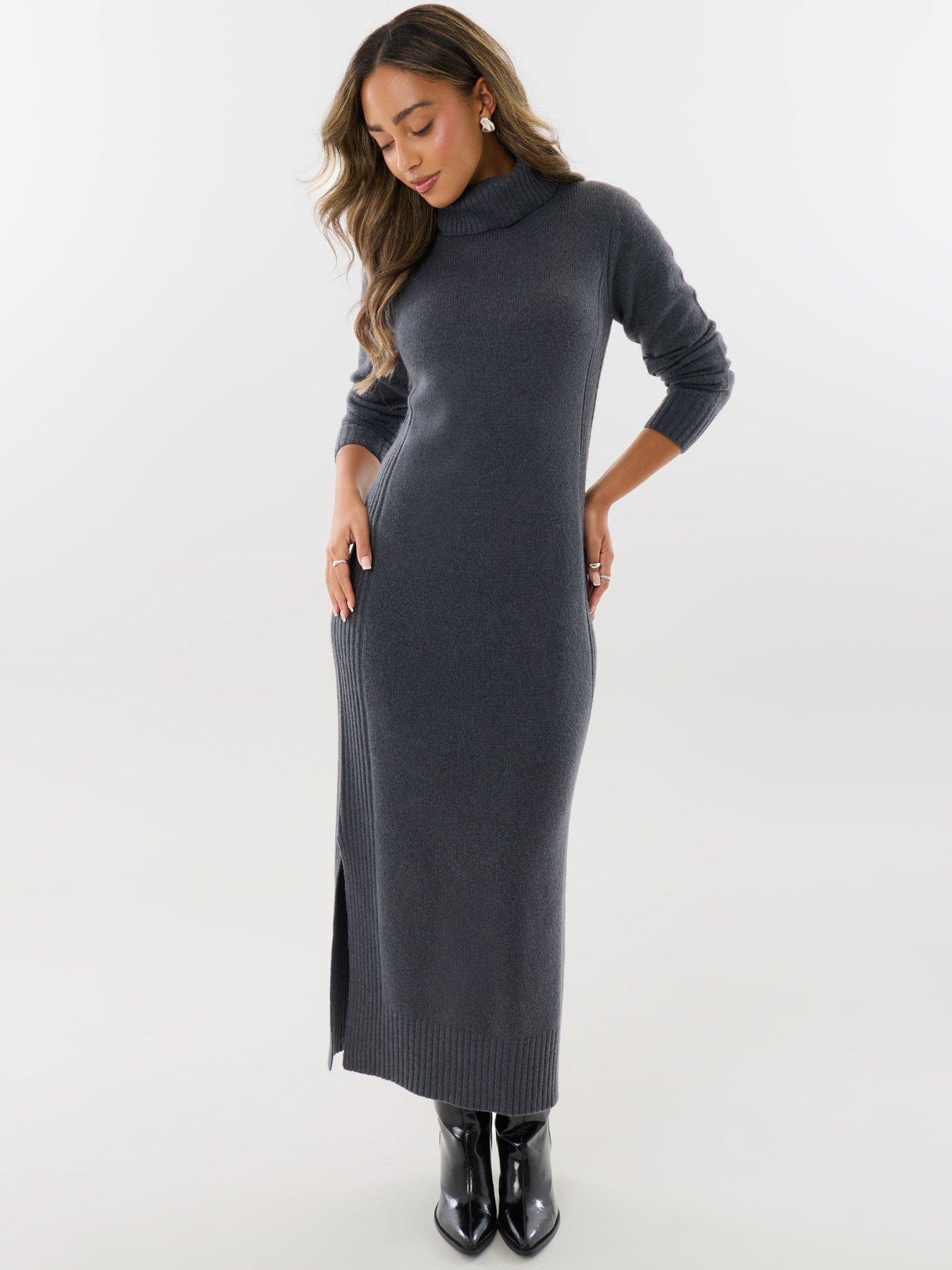 Image 1 of 4 of Threadbare Turtle Neck Maxi Jumper Dress In Charcoal Grey