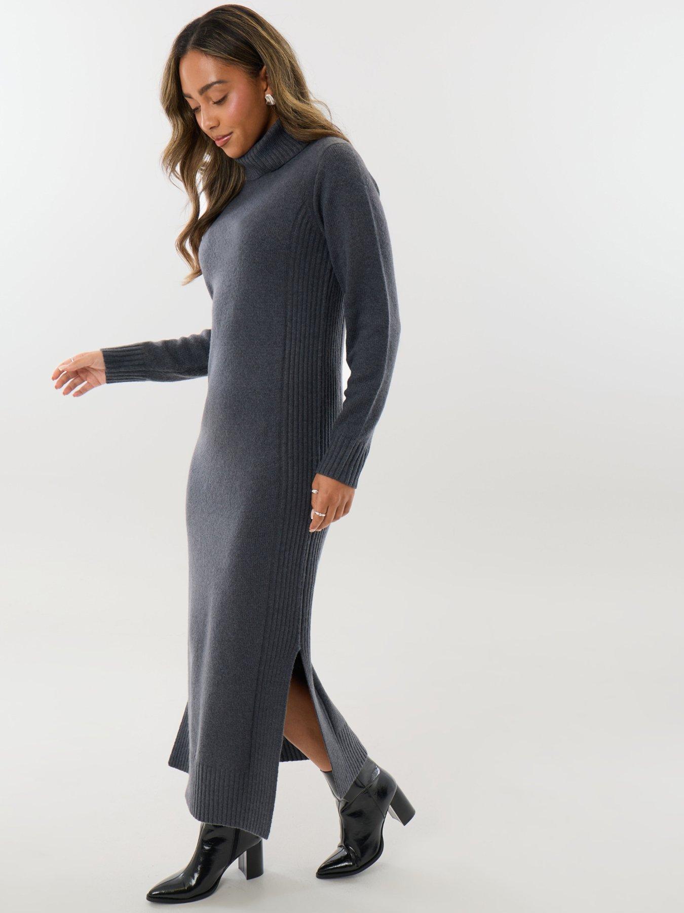 Image 3 of 4 of Threadbare Turtle Neck Maxi Jumper Dress In Charcoal Grey