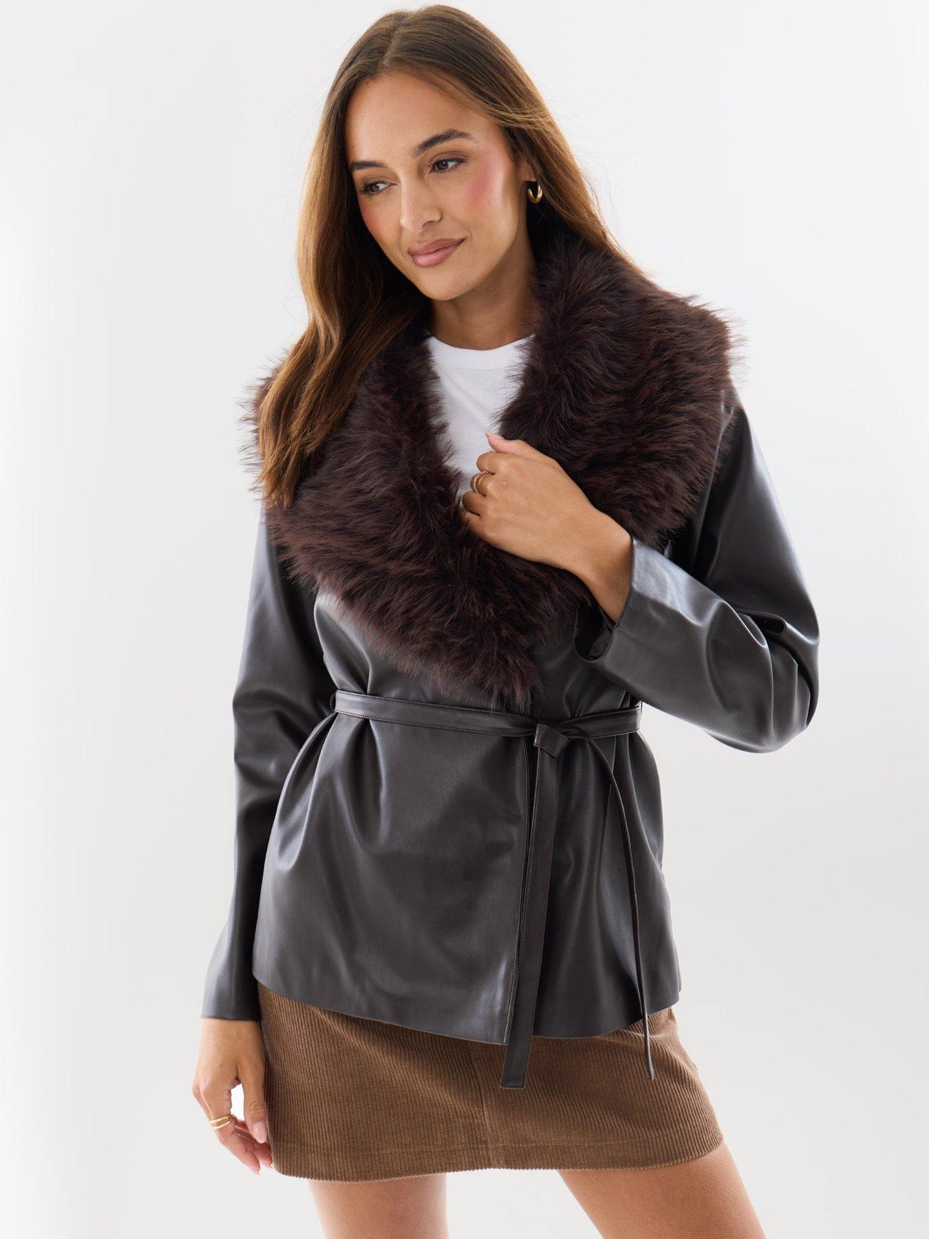 Image 1 of 4 of Threadbare Womens Belted Faux Fur Collar Jacket - Brown