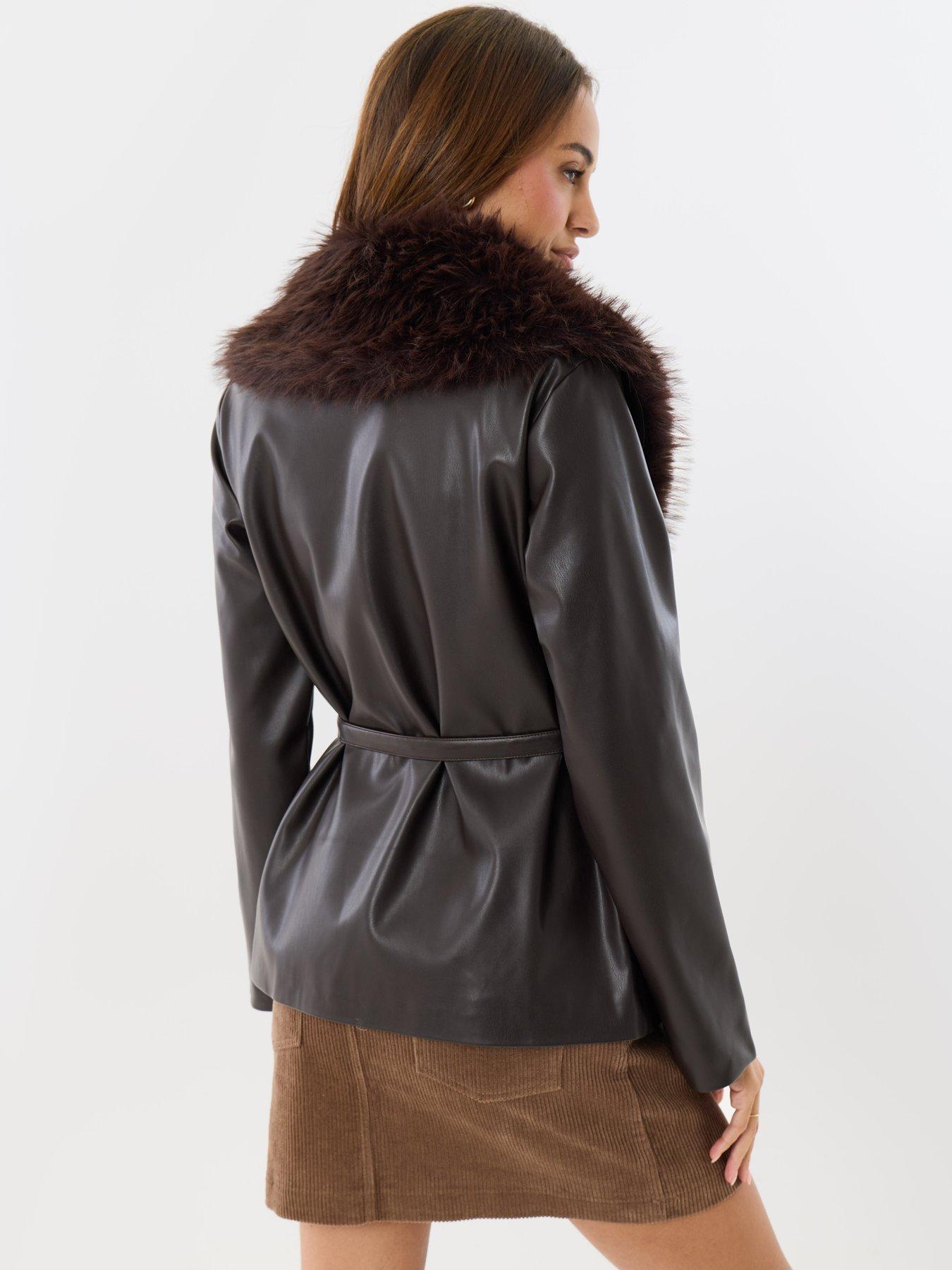 Image 2 of 4 of Threadbare Womens Belted Faux Fur Collar Jacket - Brown