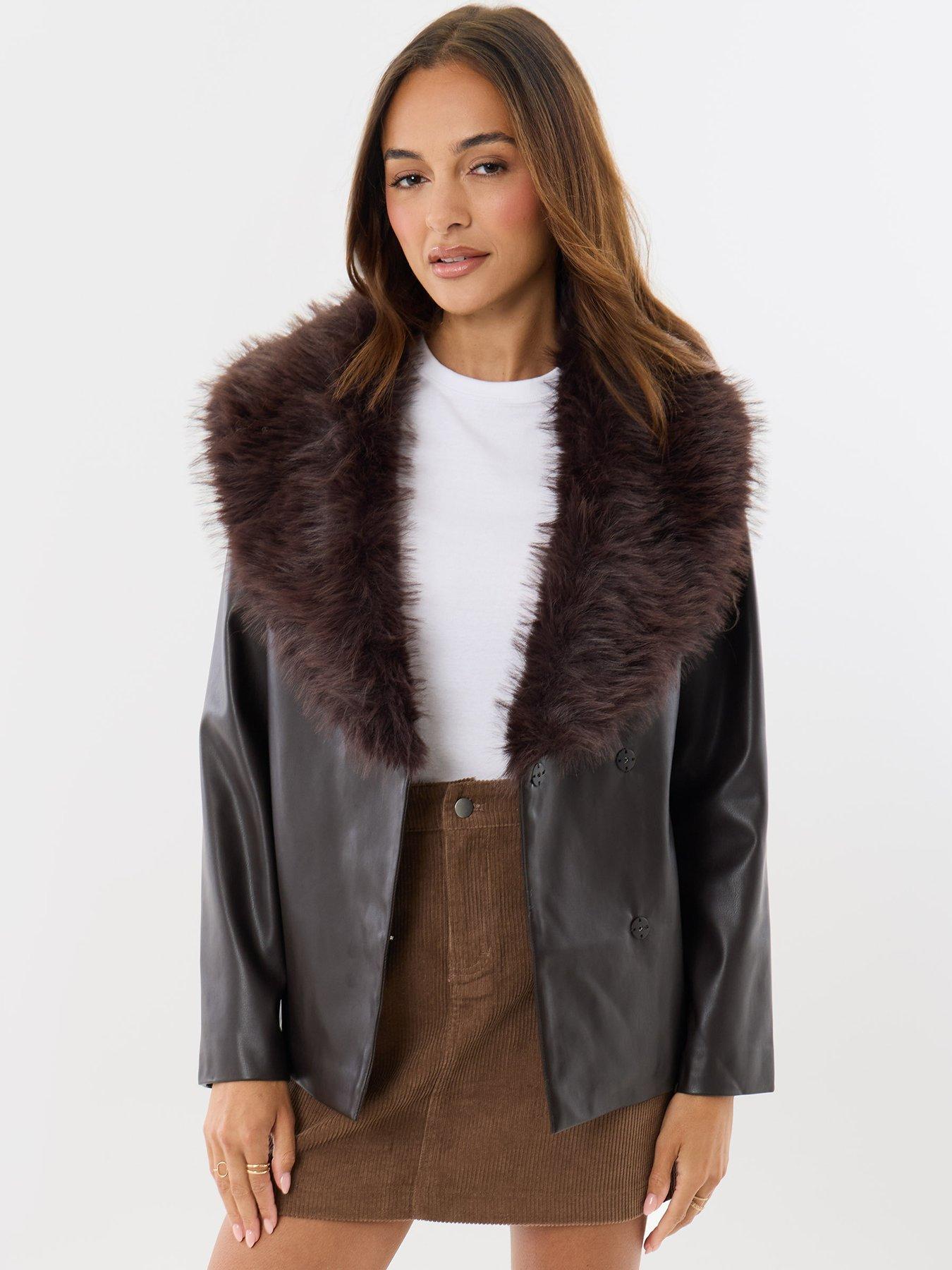 Image 3 of 4 of Threadbare Womens Belted Faux Fur Collar Jacket - Brown