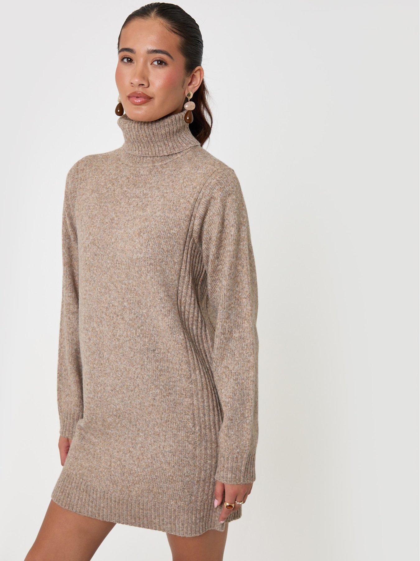 Image 1 of 4 of Threadbare Womens Turtle Neck Ribbed Mini Jumper Dress - Brown