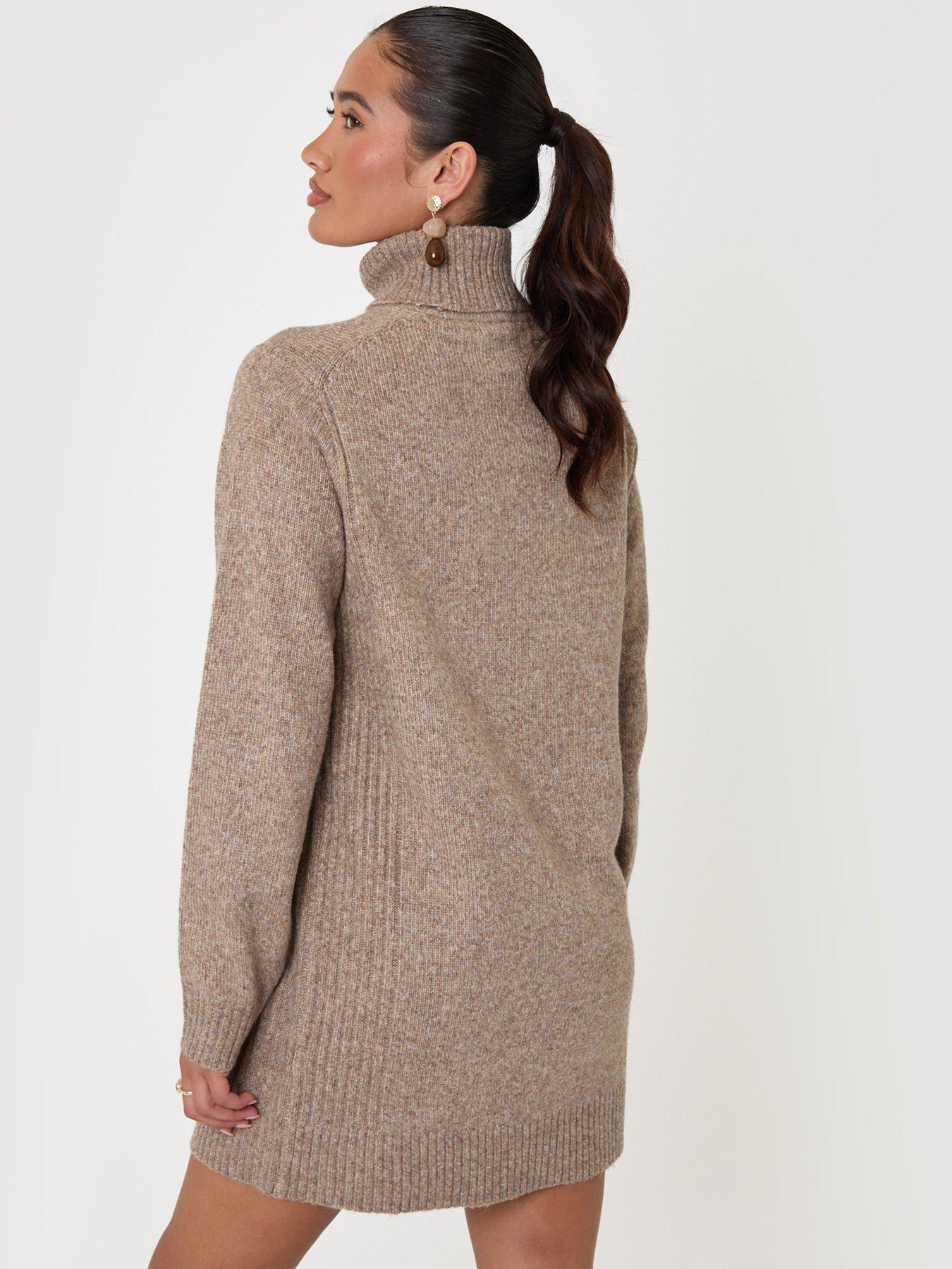 Image 2 of 4 of Threadbare Womens Turtle Neck Ribbed Mini Jumper Dress - Brown
