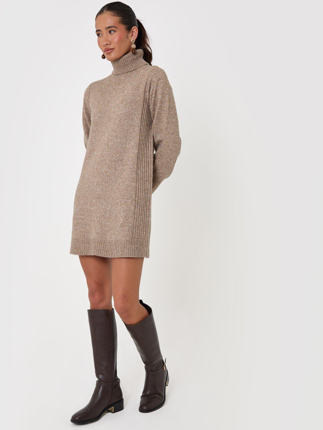 Image 3 of 4 of Threadbare Womens Turtle Neck Ribbed Mini Jumper Dress - Brown