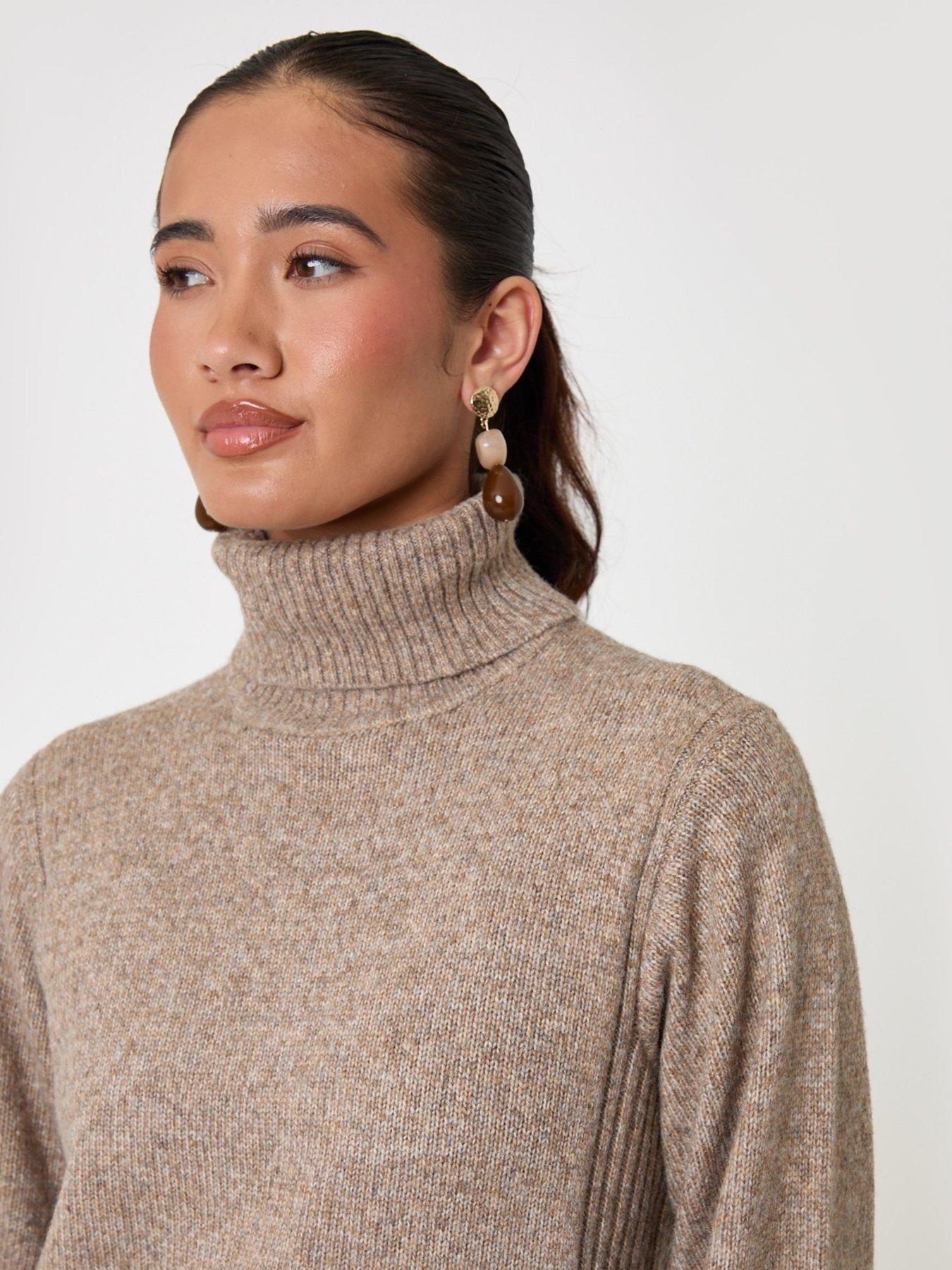 Image 4 of 4 of Threadbare Womens Turtle Neck Ribbed Mini Jumper Dress - Brown