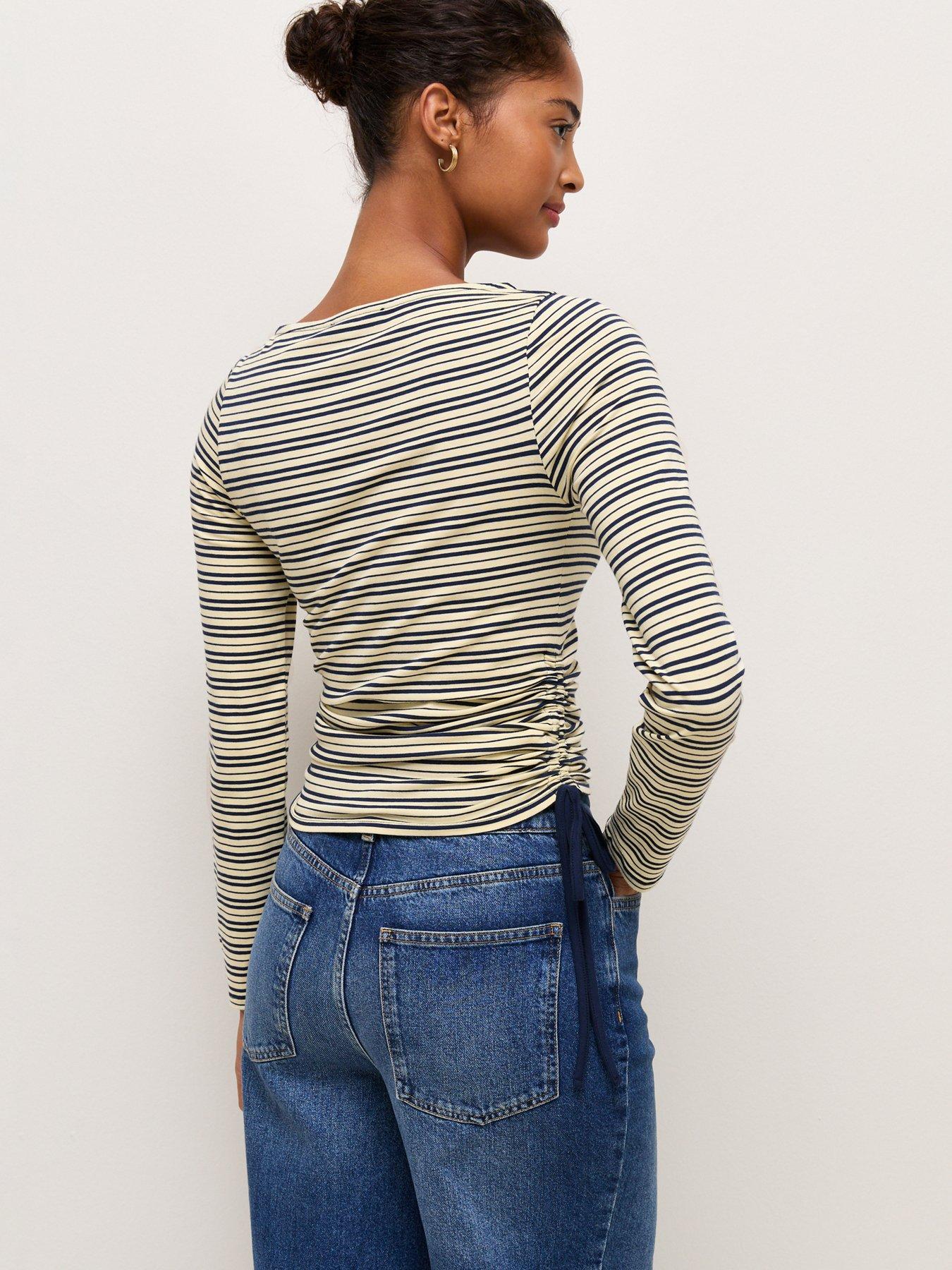Image 2 of 6 of New Look Womens Tie-Side Corset Waist Striped Long Sleeve Top- Blue