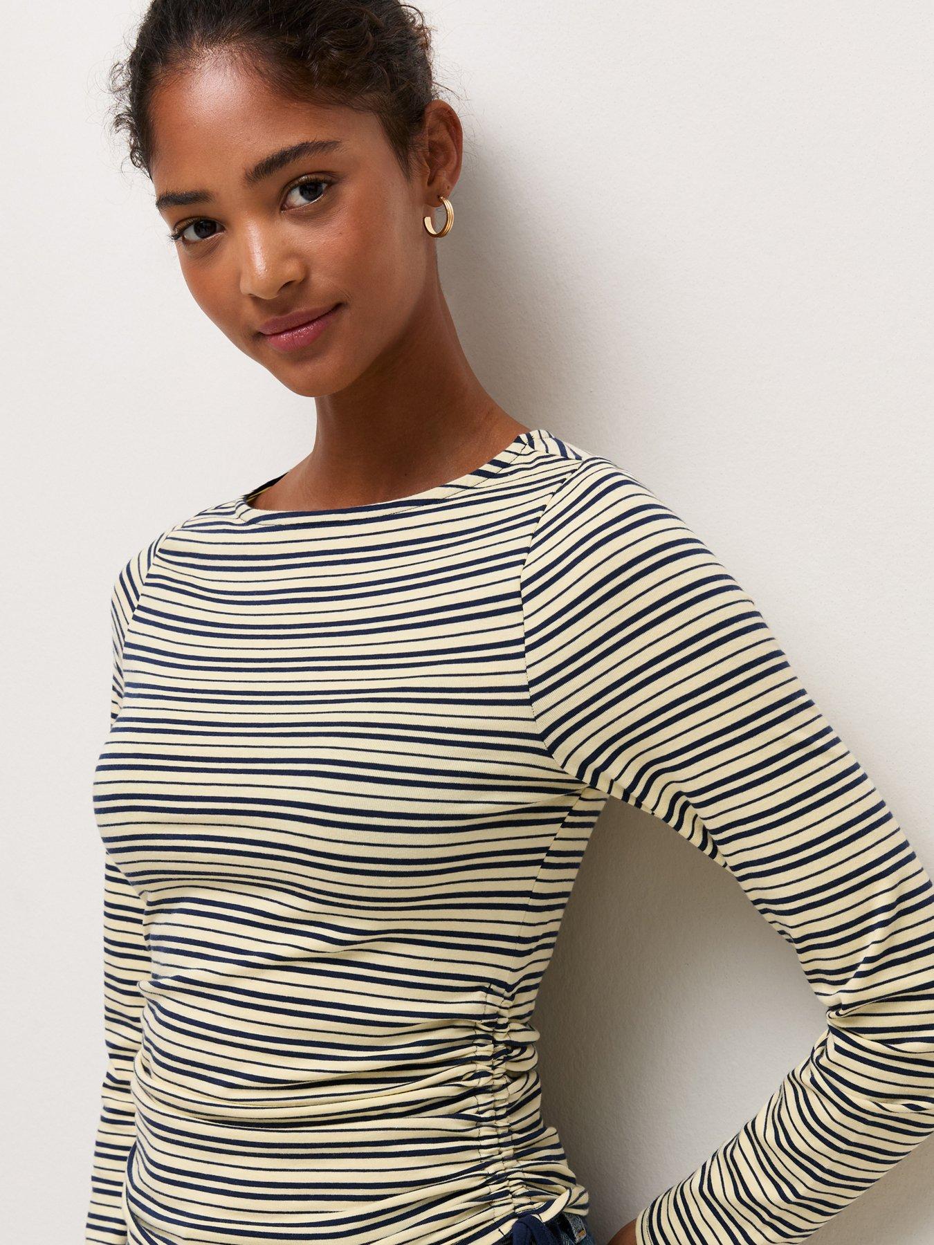 Image 4 of 6 of New Look Womens Tie-Side Corset Waist Striped Long Sleeve Top- Blue