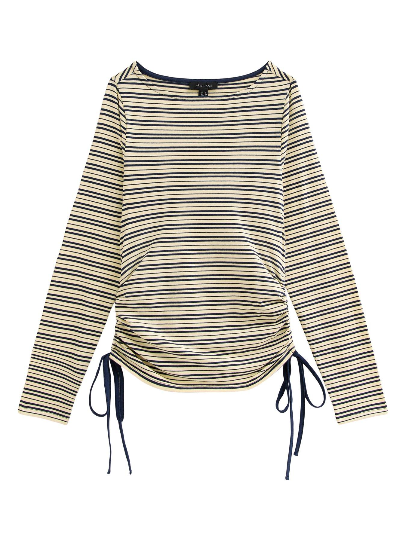 Image 6 of 6 of New Look Womens Tie-Side Corset Waist Striped Long Sleeve Top- Blue