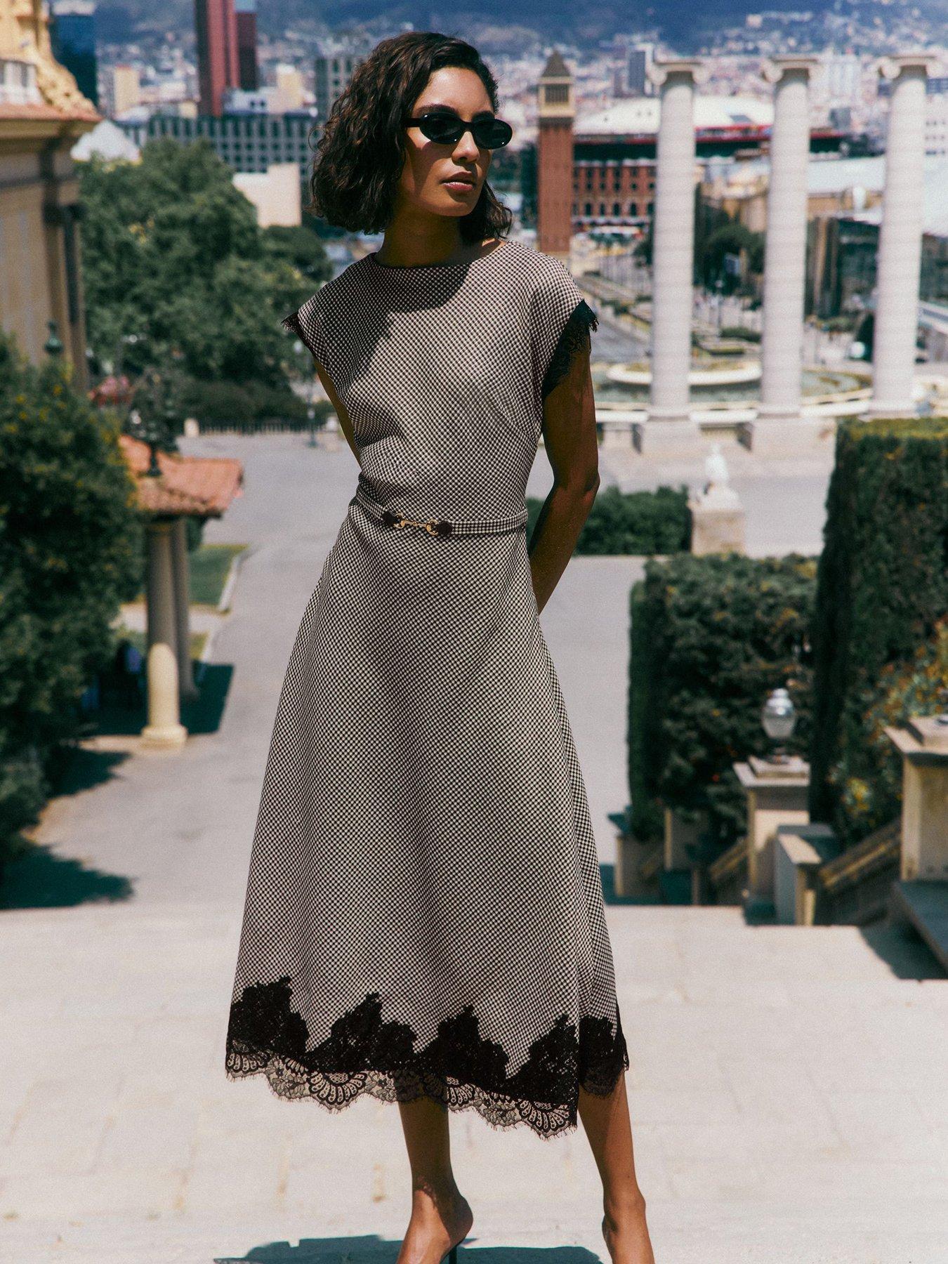 Image 2 of 4 of Friends Like These Check Lace Trim Short Sleeve Midi Dress