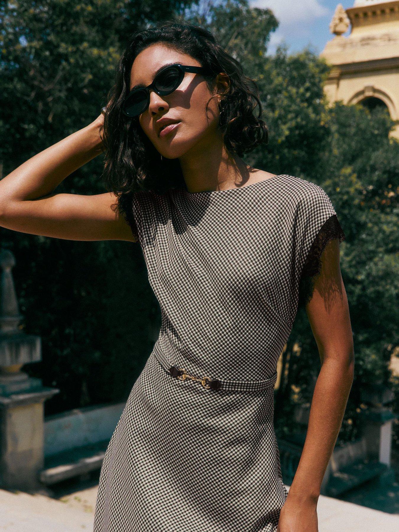 Image 4 of 4 of Friends Like These Check Lace Trim Short Sleeve Midi Dress