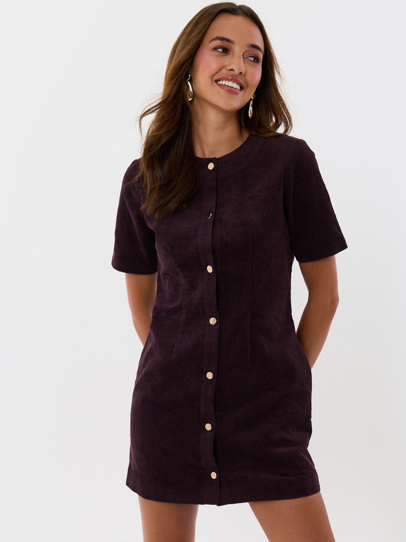 Image 1 of 4 of Threadbare Womens Button-Down Corduroy Mini Dress - Purple