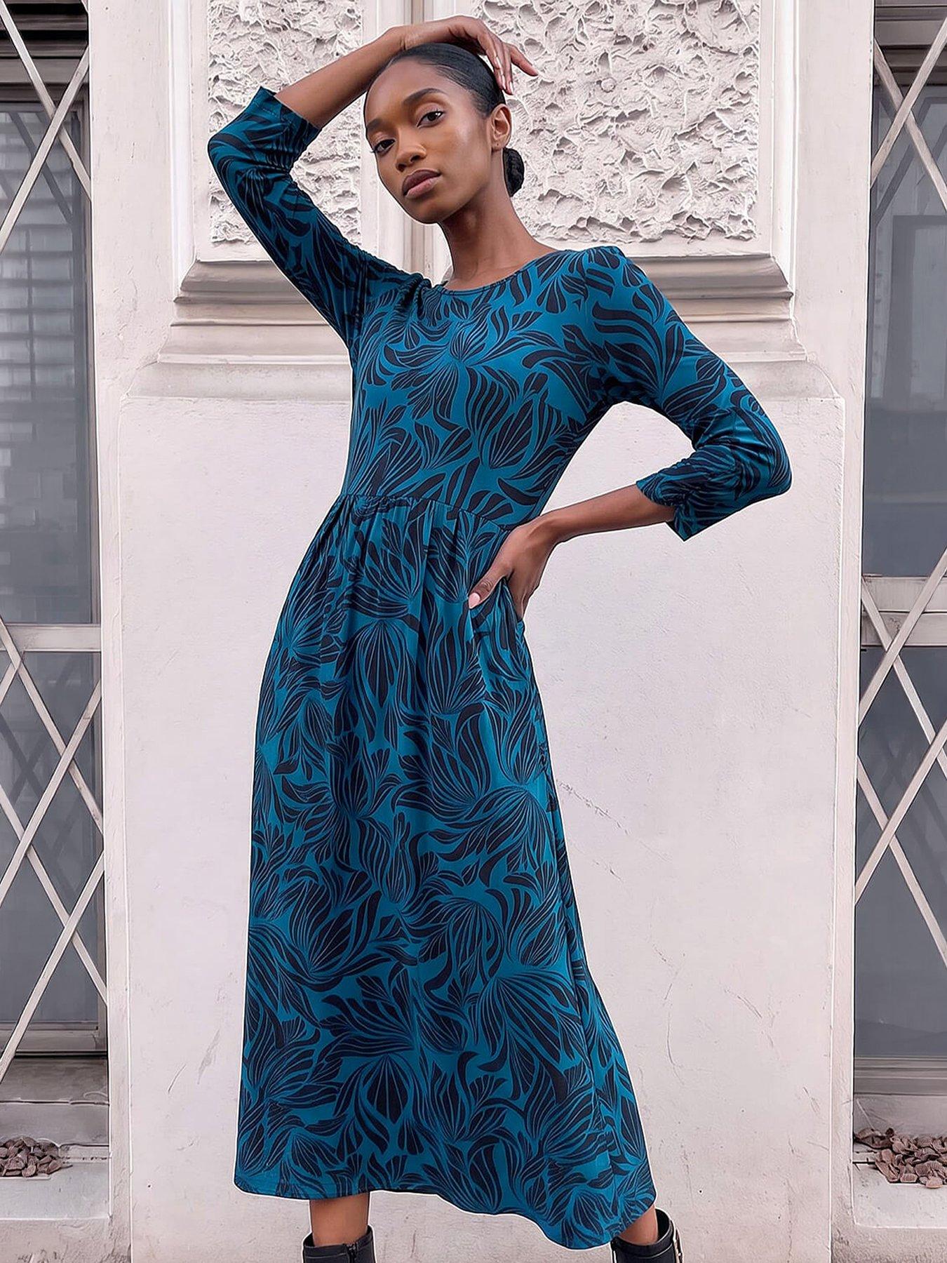 Roman Petite Swirl Print Stretch Midi Dress - Teal Blue