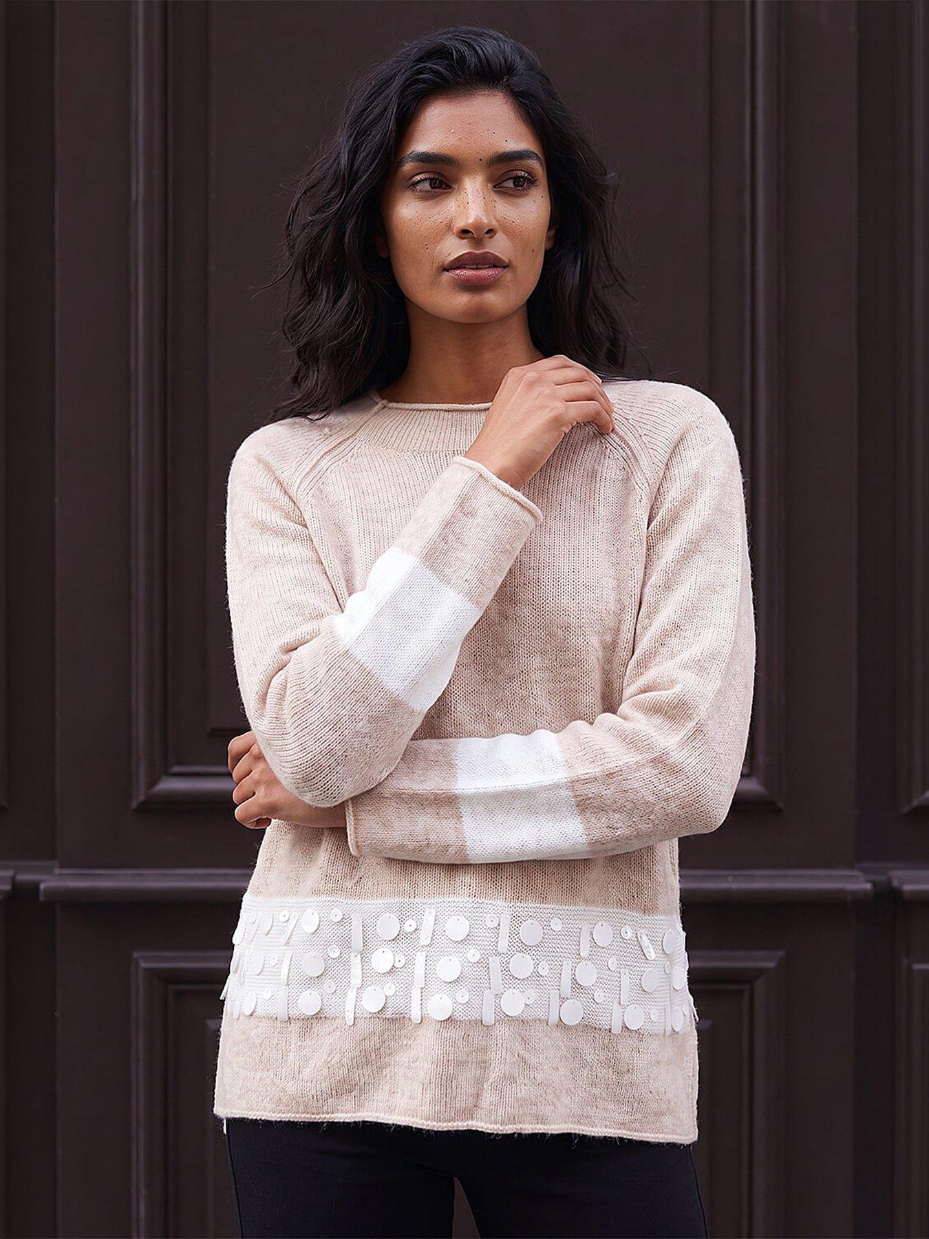Roman Sequin Colour Block Knit Jumper - Stone