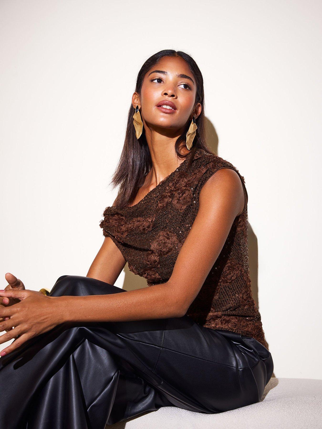 Image 2 of 6 of Friends Like These Brown 3d Floral Sequin Off Shoulder Top