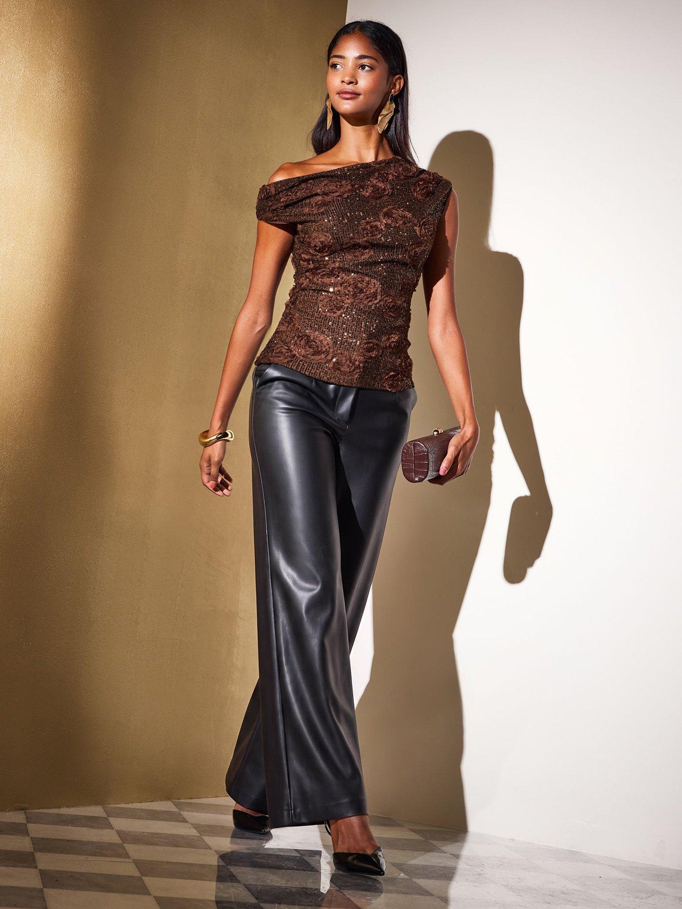 Image 6 of 6 of Friends Like These Brown 3d Floral Sequin Off Shoulder Top