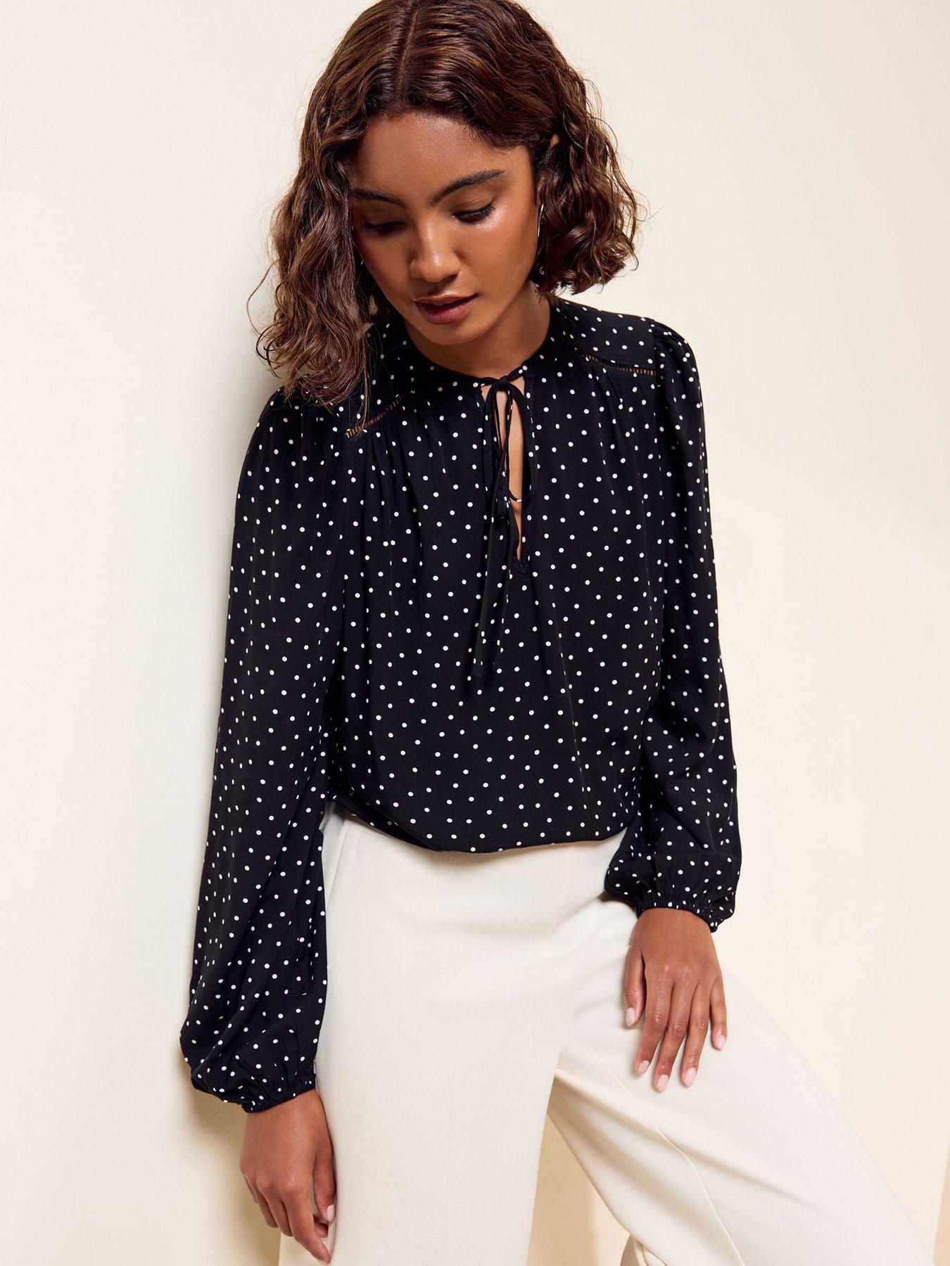 Image 1 of 5 of Friends Like These Black Spot Long Sleeve Tie Neck Top