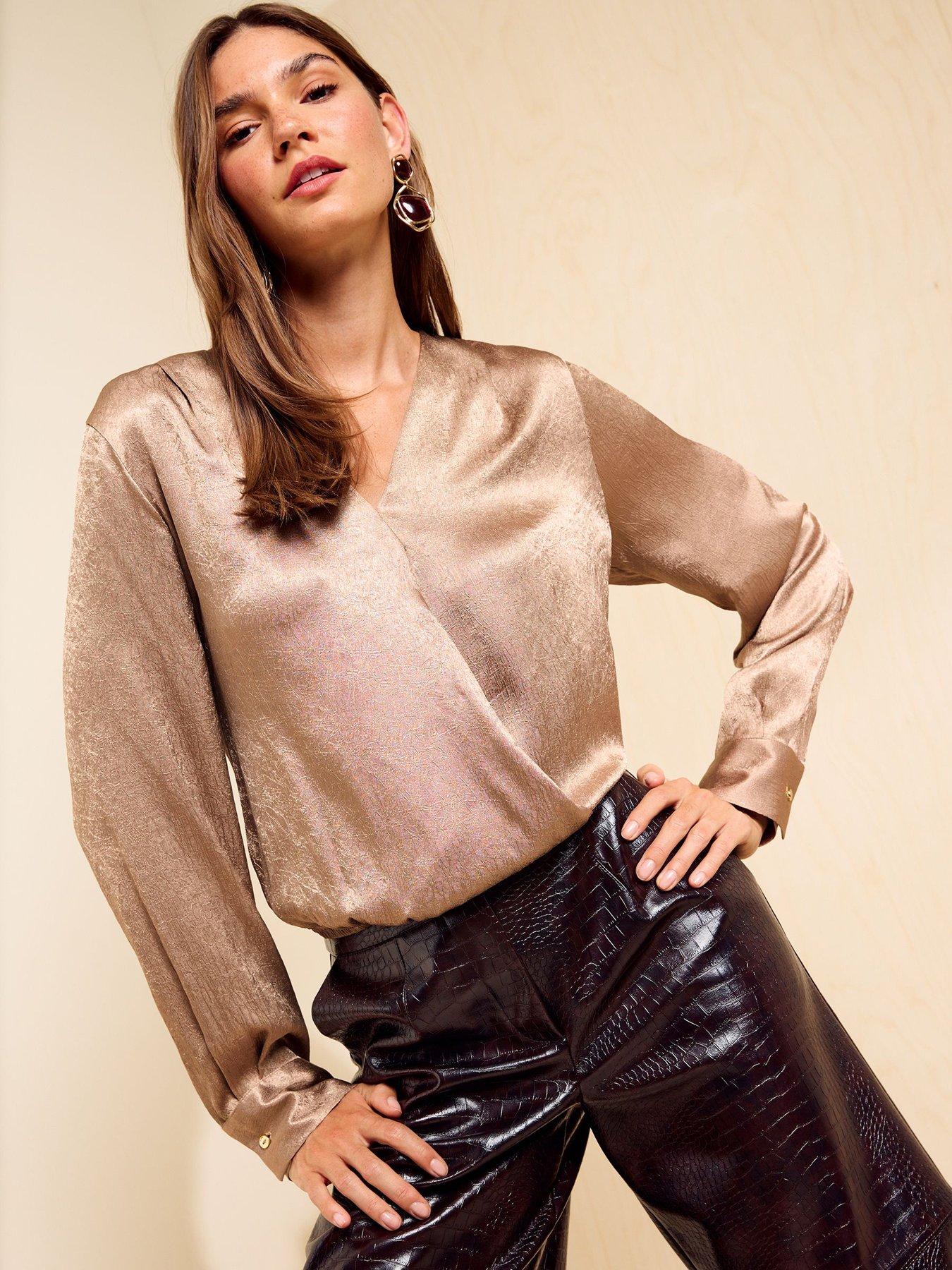 Image 1 of 5 of Friends Like These Gold Shimmer Long Sleeve V Neck Satin Blouse