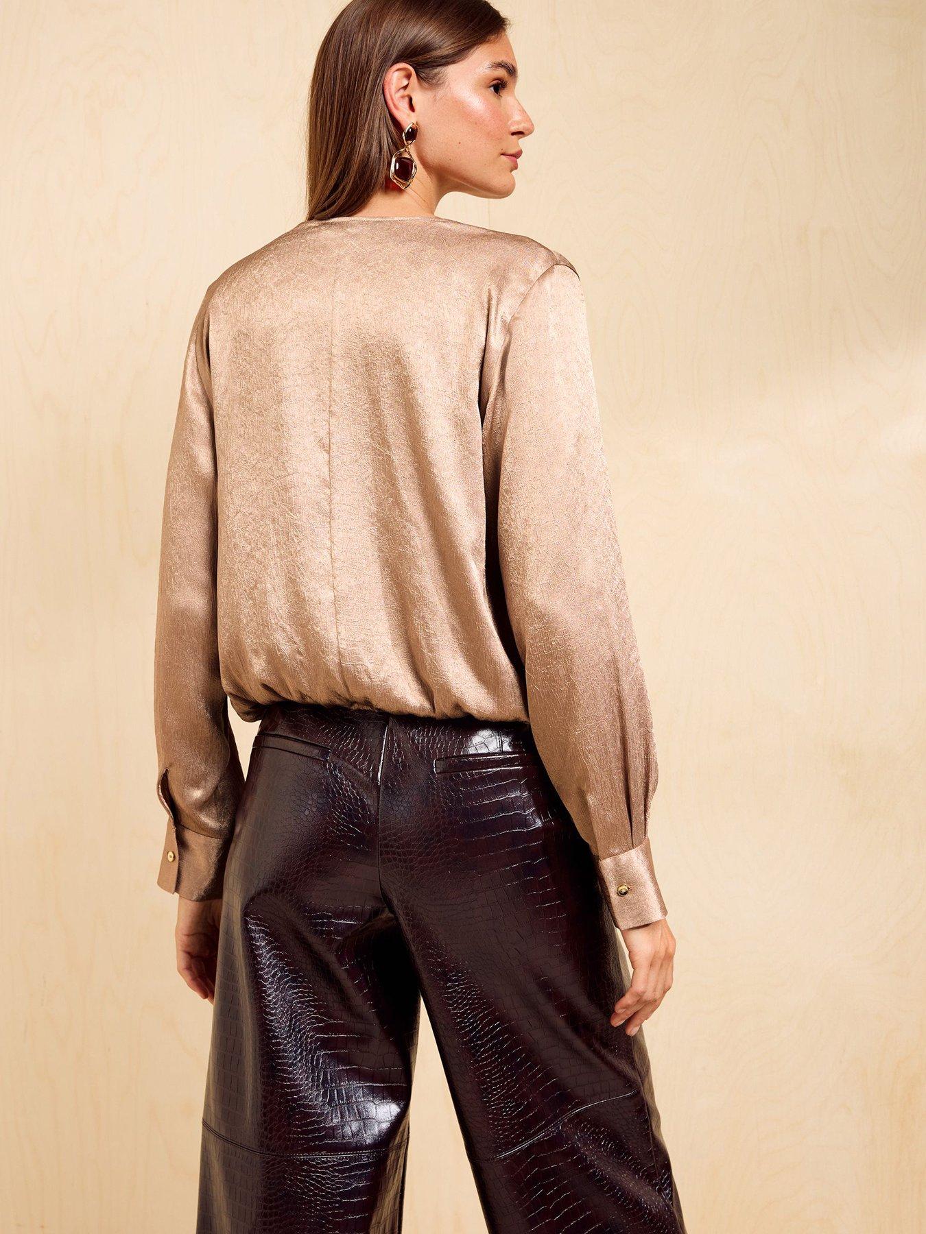Image 2 of 5 of Friends Like These Gold Shimmer Long Sleeve V Neck Satin Blouse