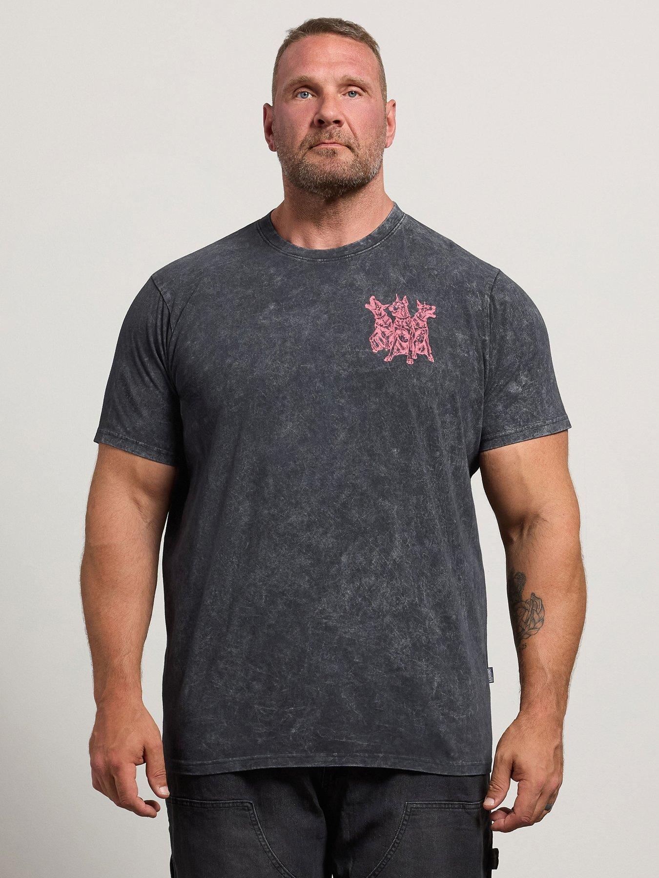 BadRhino Mens Acid Wash Doberman Back Print Crew Neck T-Shirt, Grey, Size 4Xl, Men