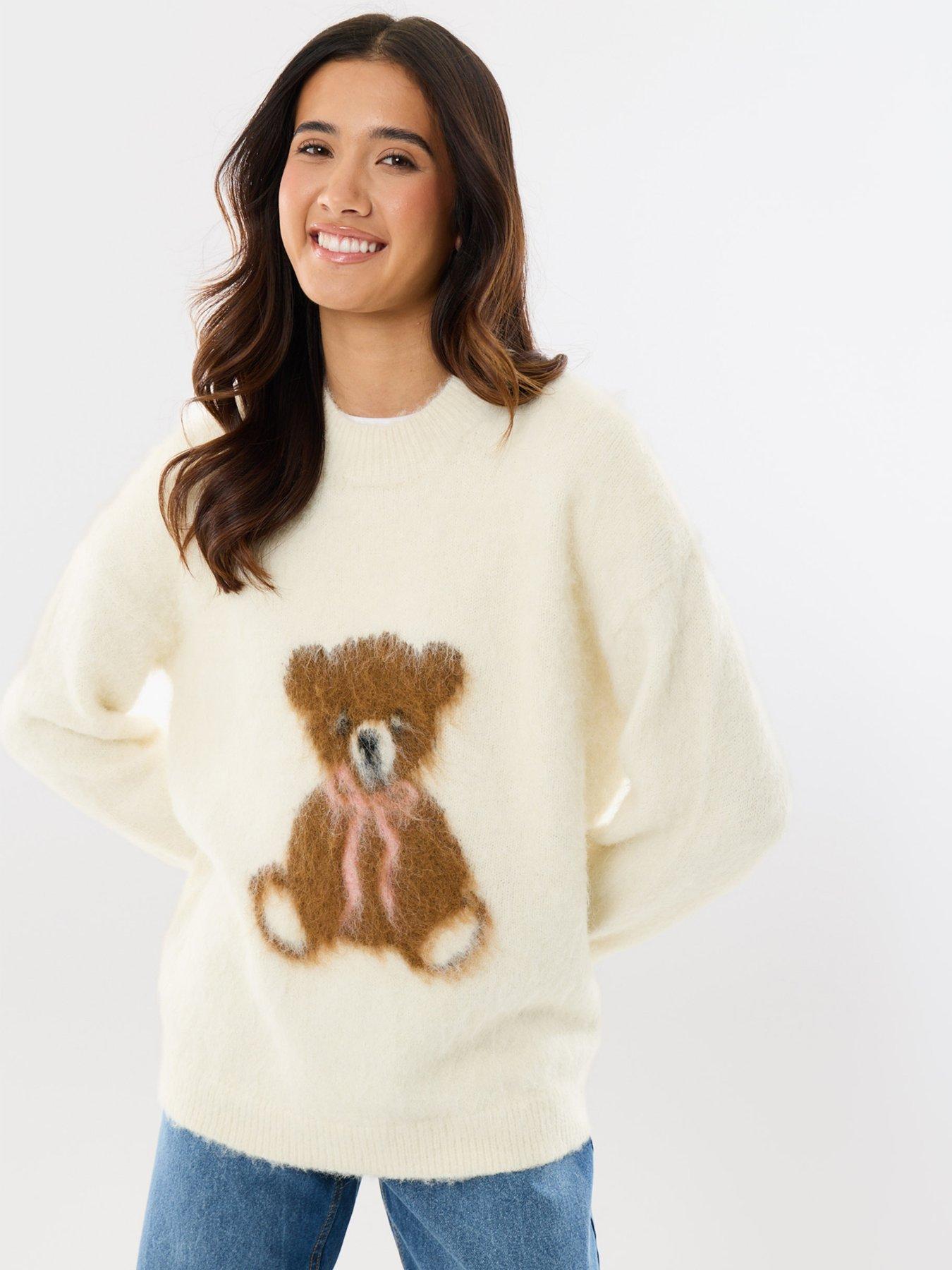 Image 1 of 4 of Threadbare Womens Teddy Bear Graphic Crew Neck Jumper - Ecru
