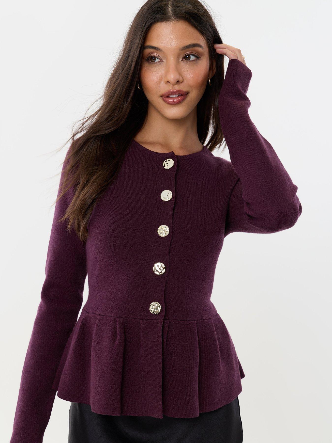 Image 1 of 4 of Threadbare Crew Neck Peplum Cardigan In Plum