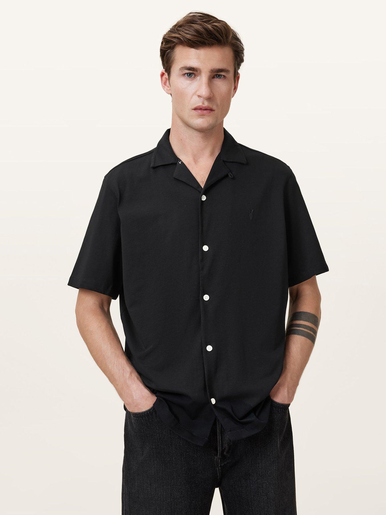 AllSaints Mens Relaxed Fit Button Through Short Sleeve Shirt, Black, Size Xl, Men