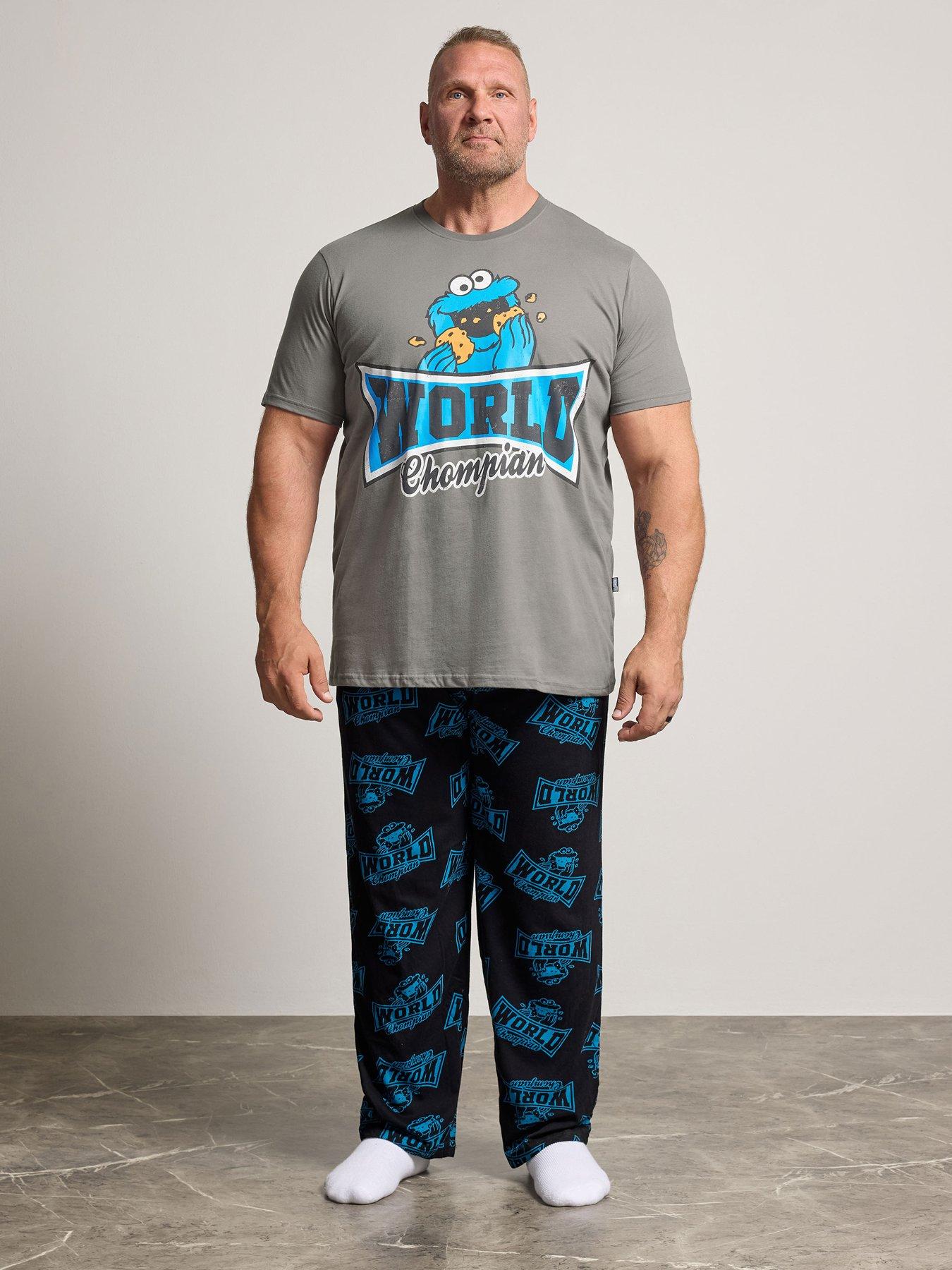 Image 3 of 4 of BadRhino Mens Big &amp; Tall Cookie Monster Graphic Cotton Pyjamas - Blue/Grey