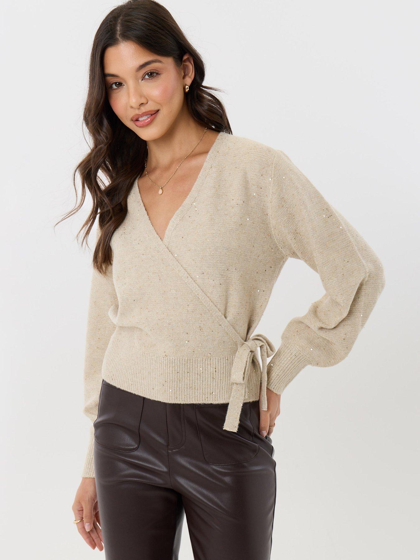 Image 1 of 4 of Threadbare Sequin V-neck Wrap Knitted Jumper In Ecru