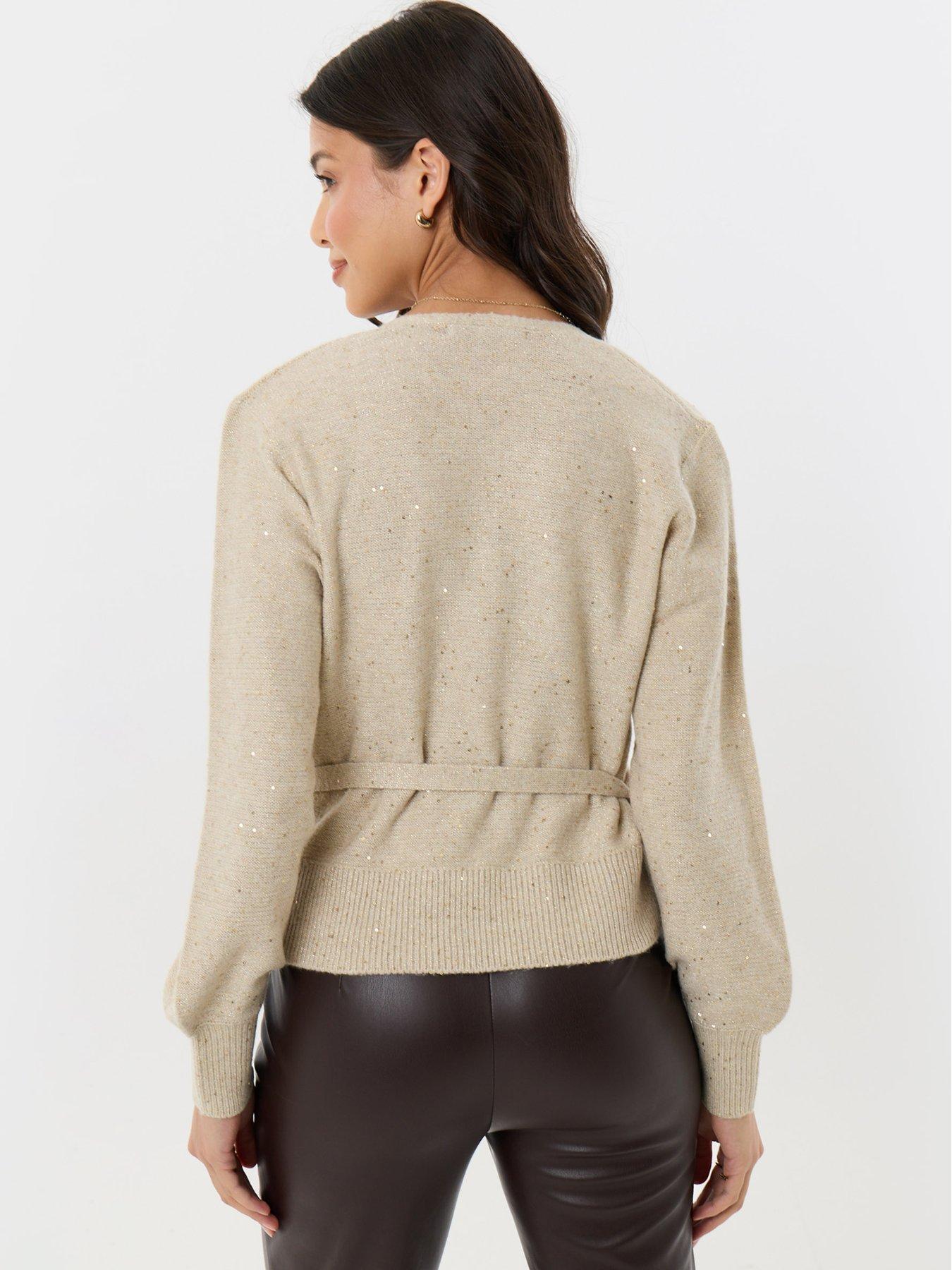 Image 2 of 4 of Threadbare Sequin V-neck Wrap Knitted Jumper In Ecru