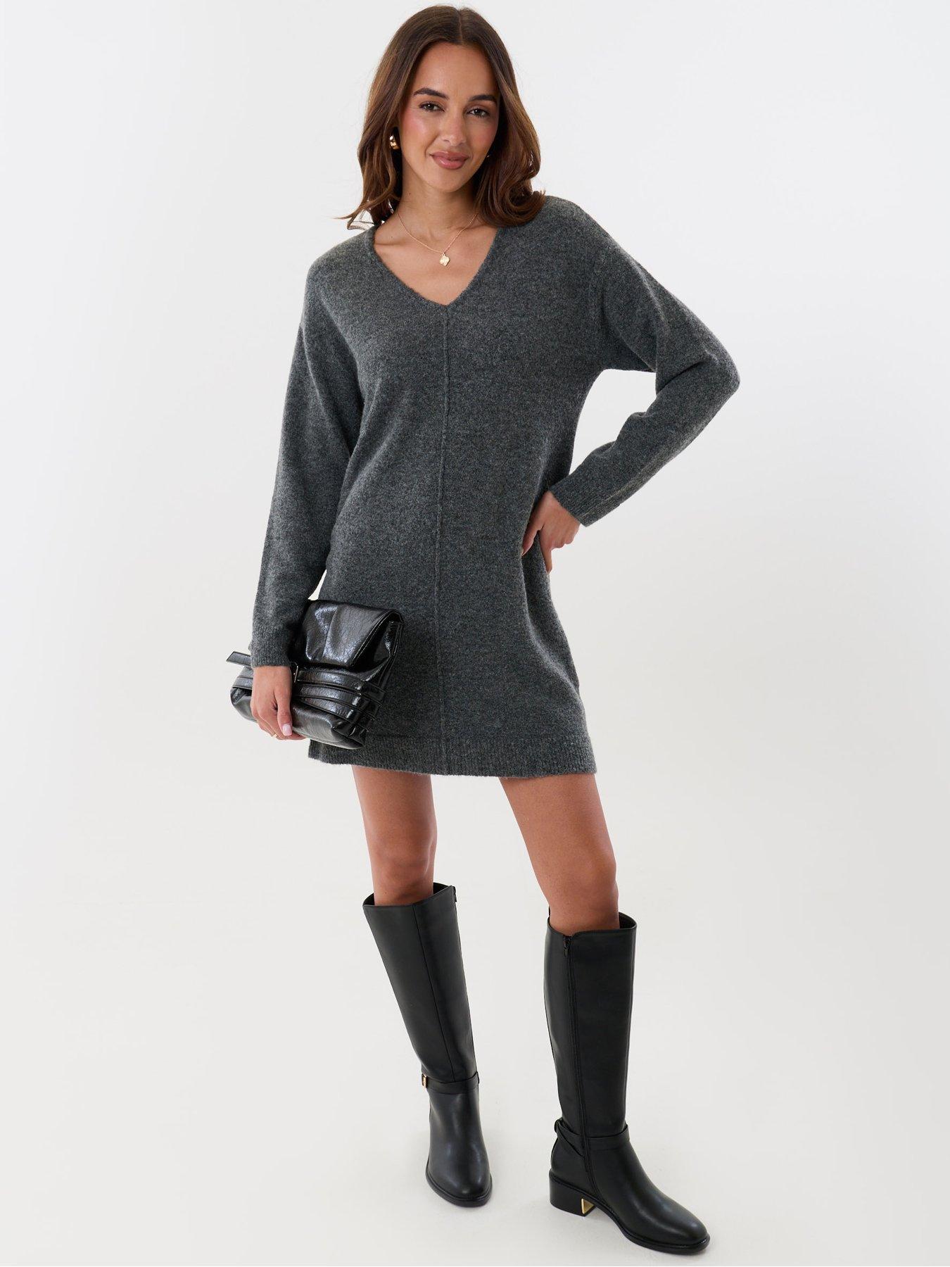 Image 3 of 5 of Threadbare Womens Glaze Soft-Touch V-Neck Mini Dress - Charcoal