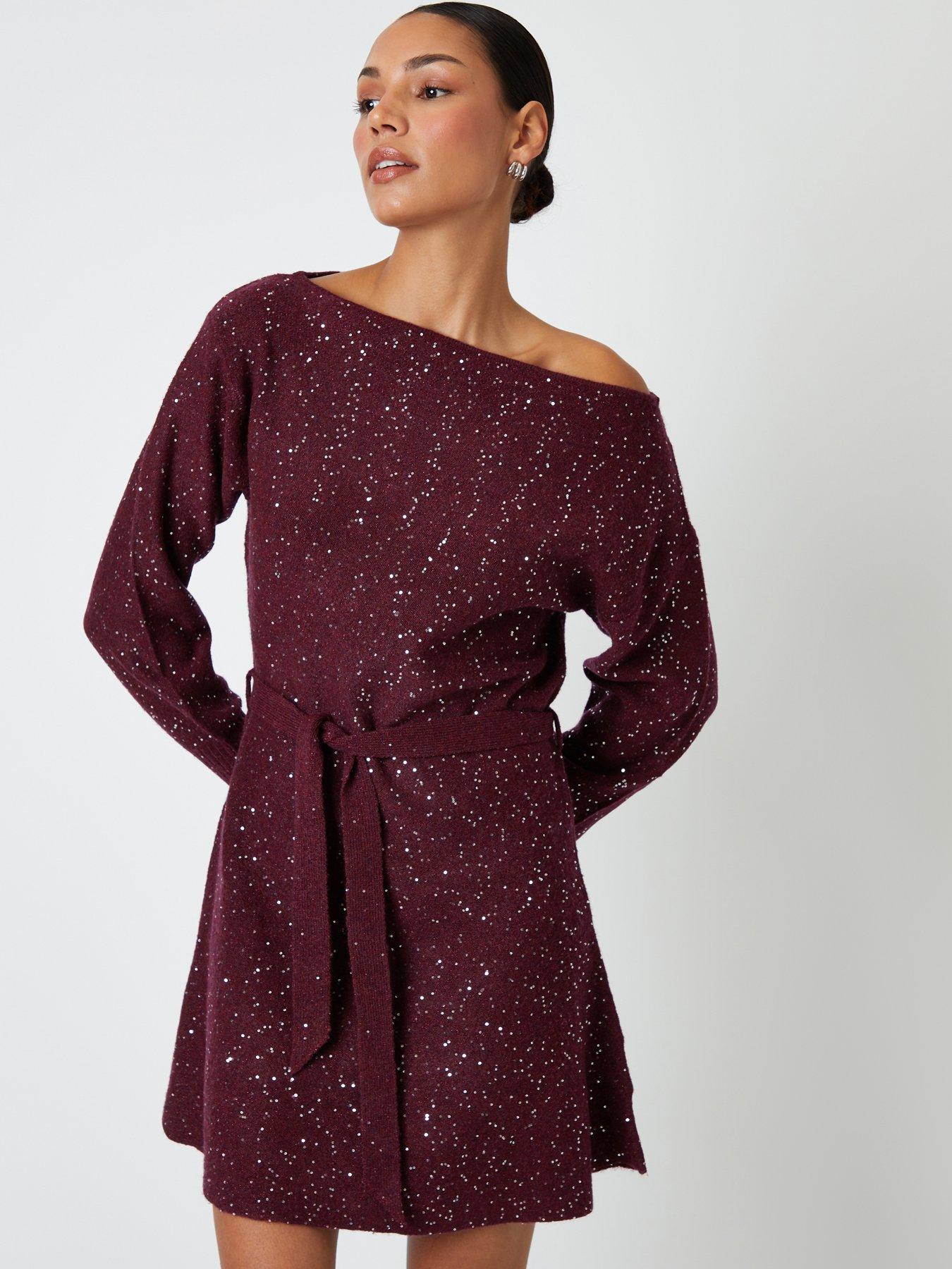Image 1 of 4 of Threadbare Womens Eadie Sequin Slash Neck Belted Knit Dress - Purple