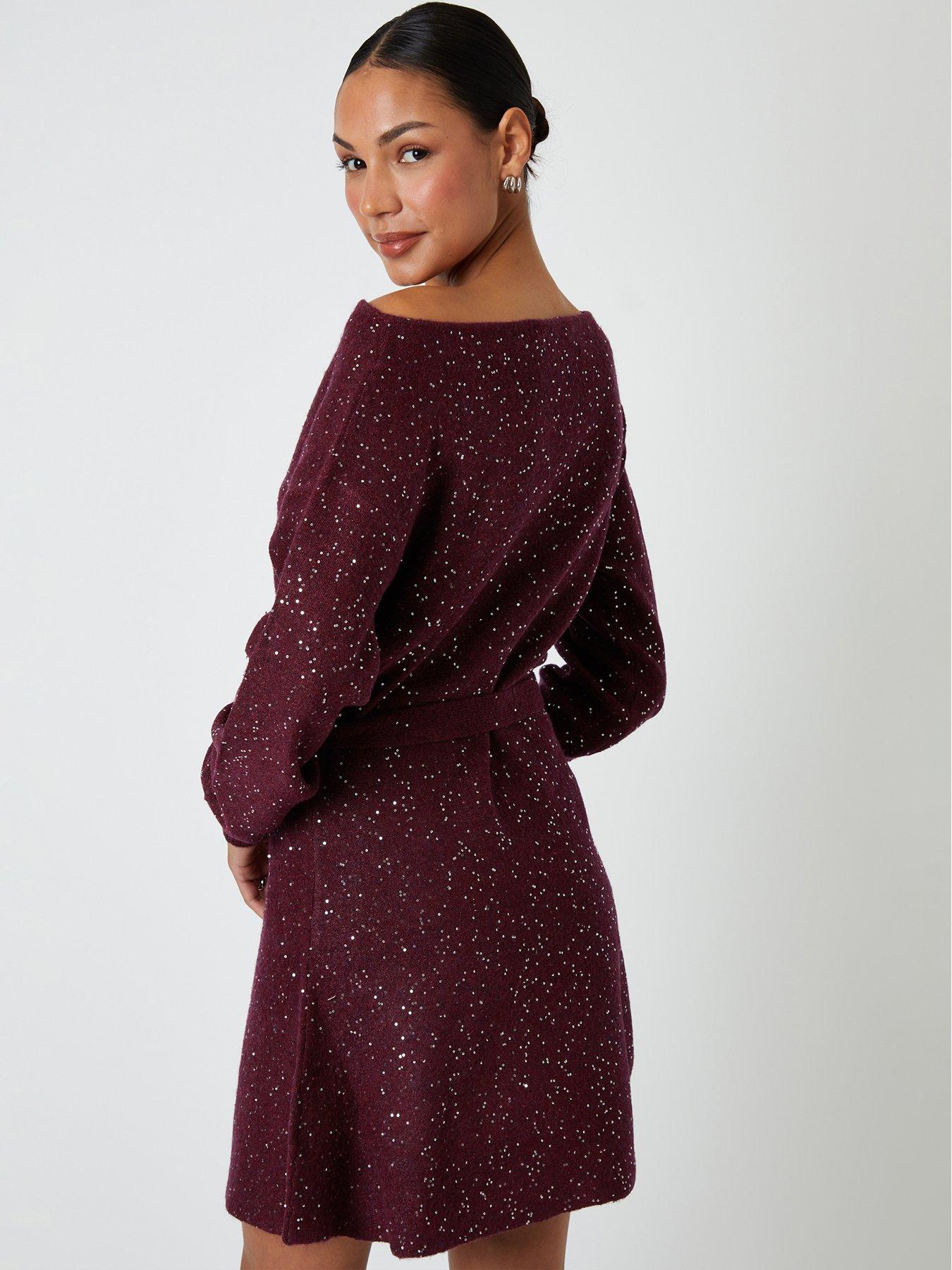Image 2 of 4 of Threadbare Womens Eadie Sequin Slash Neck Belted Knit Dress - Purple