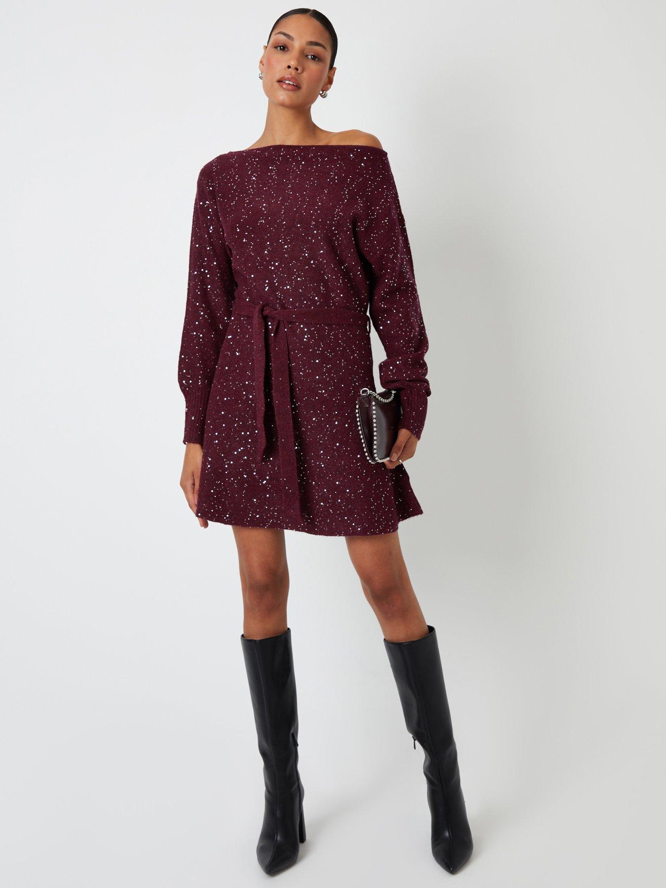 Image 3 of 4 of Threadbare Womens Eadie Sequin Slash Neck Belted Knit Dress - Purple