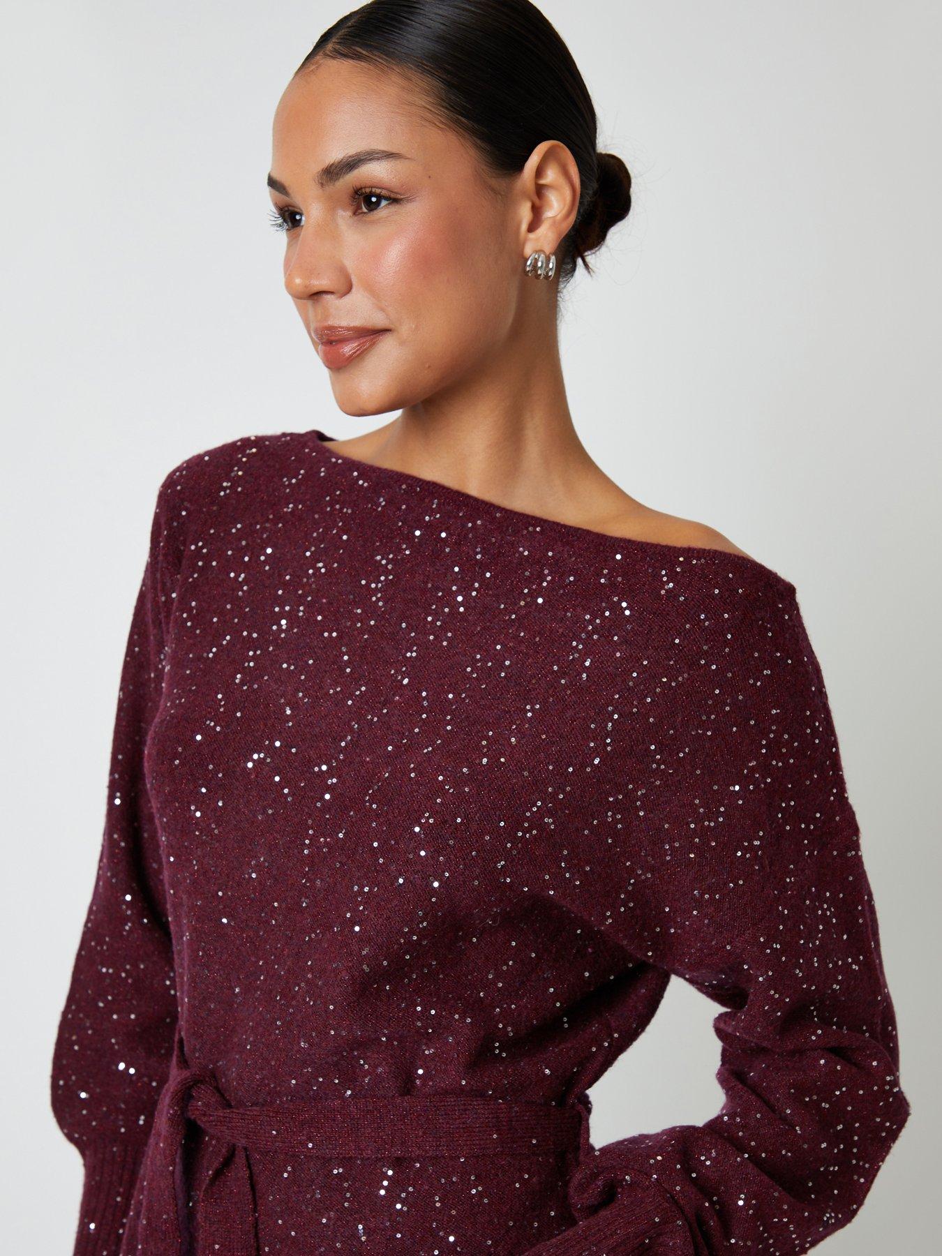Image 4 of 4 of Threadbare Womens Eadie Sequin Slash Neck Belted Knit Dress - Purple