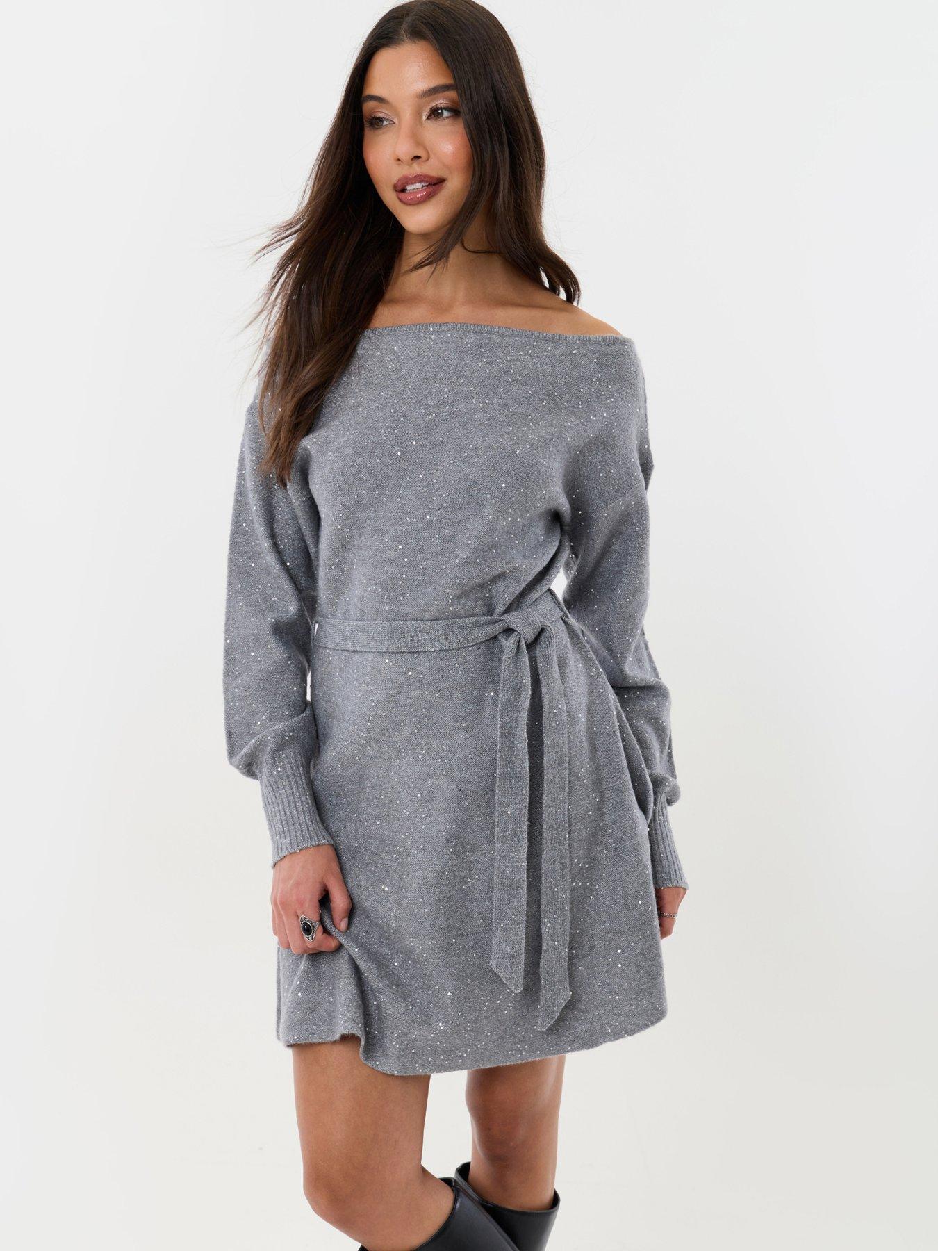 Image 1 of 4 of Threadbare Womens Eadie Slash Neck Belted Cardigan Dress - Grey