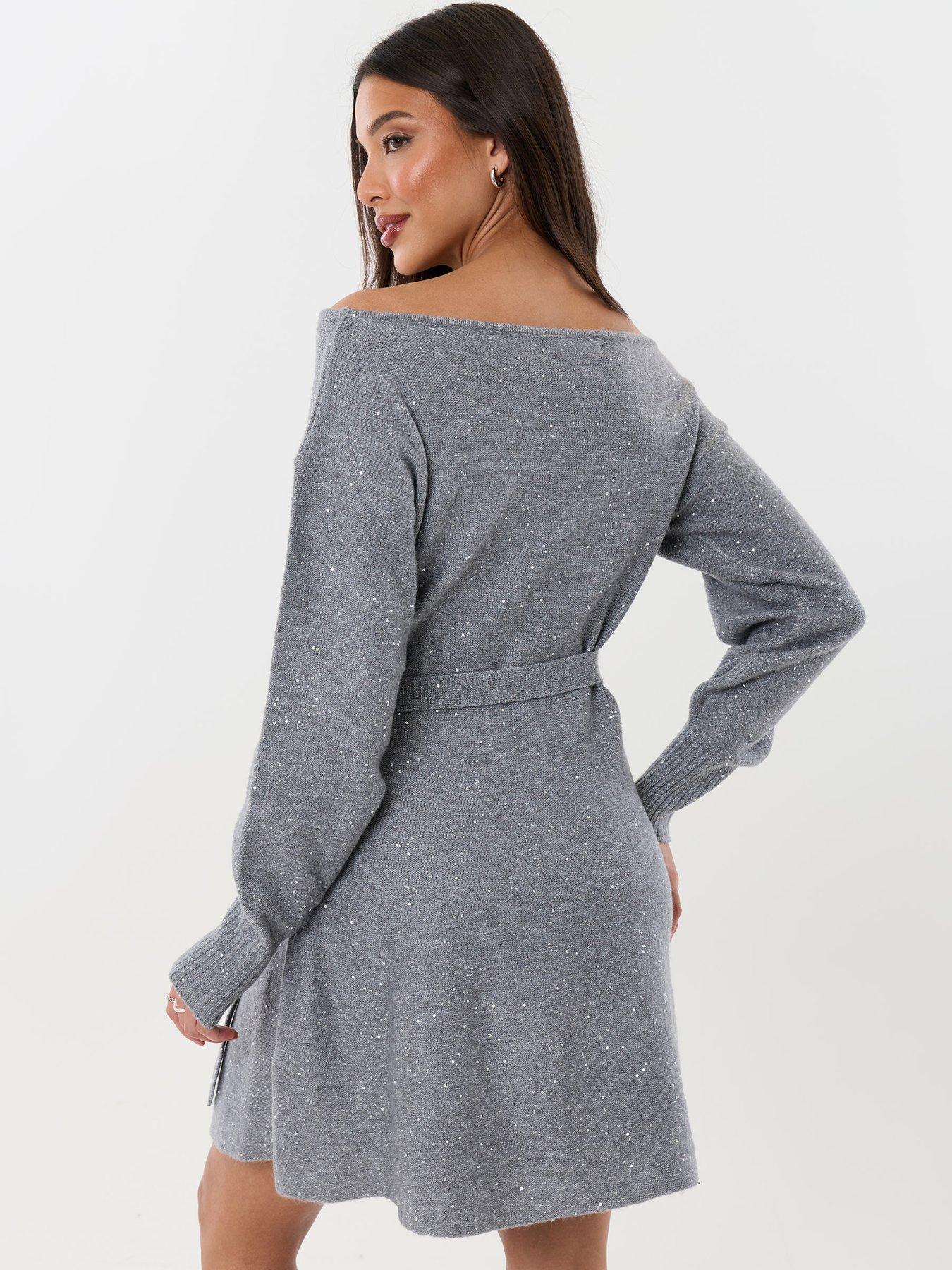 Image 2 of 4 of Threadbare Womens Eadie Slash Neck Belted Cardigan Dress - Grey