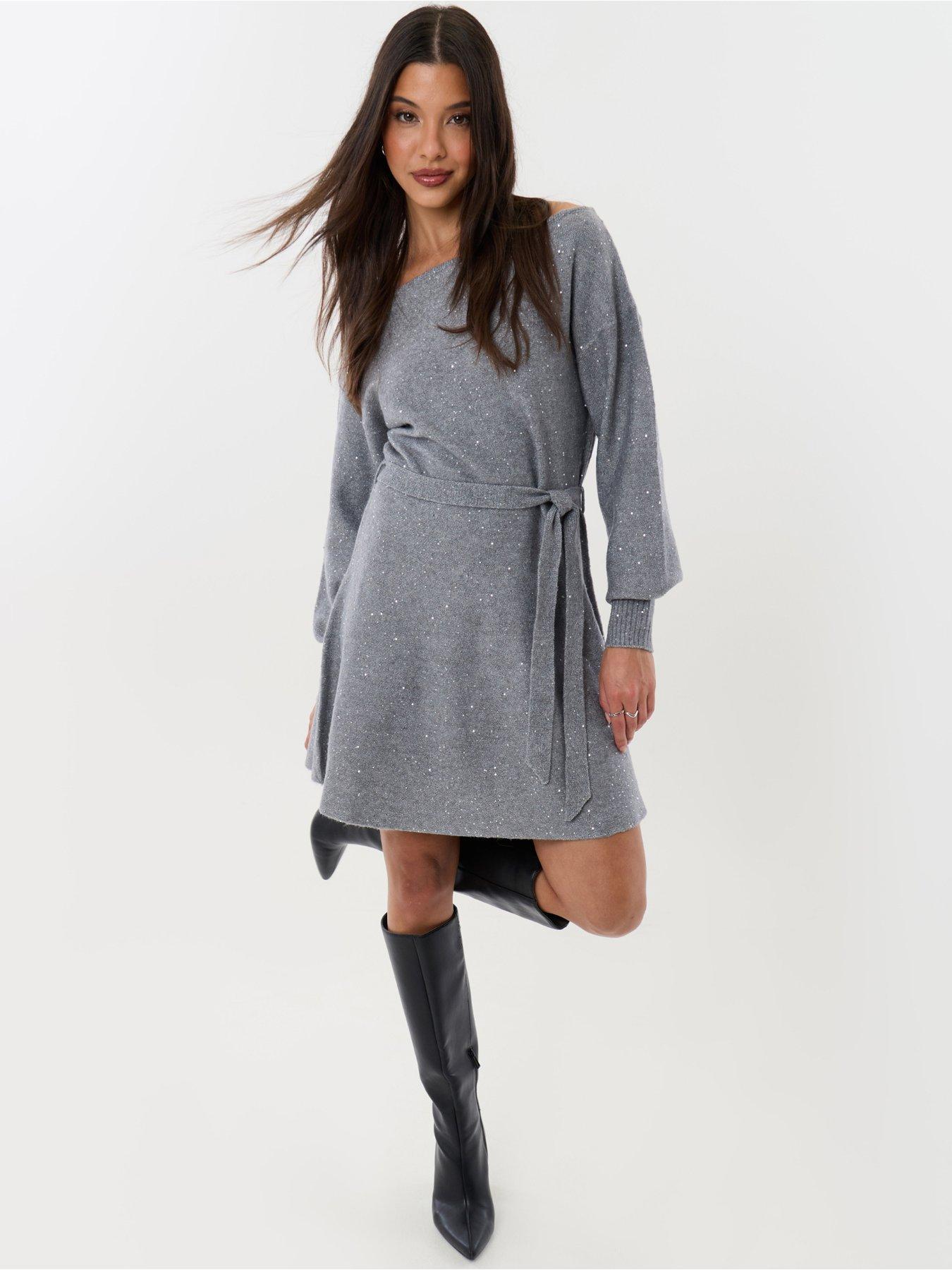 Image 3 of 4 of Threadbare Womens Eadie Slash Neck Belted Cardigan Dress - Grey