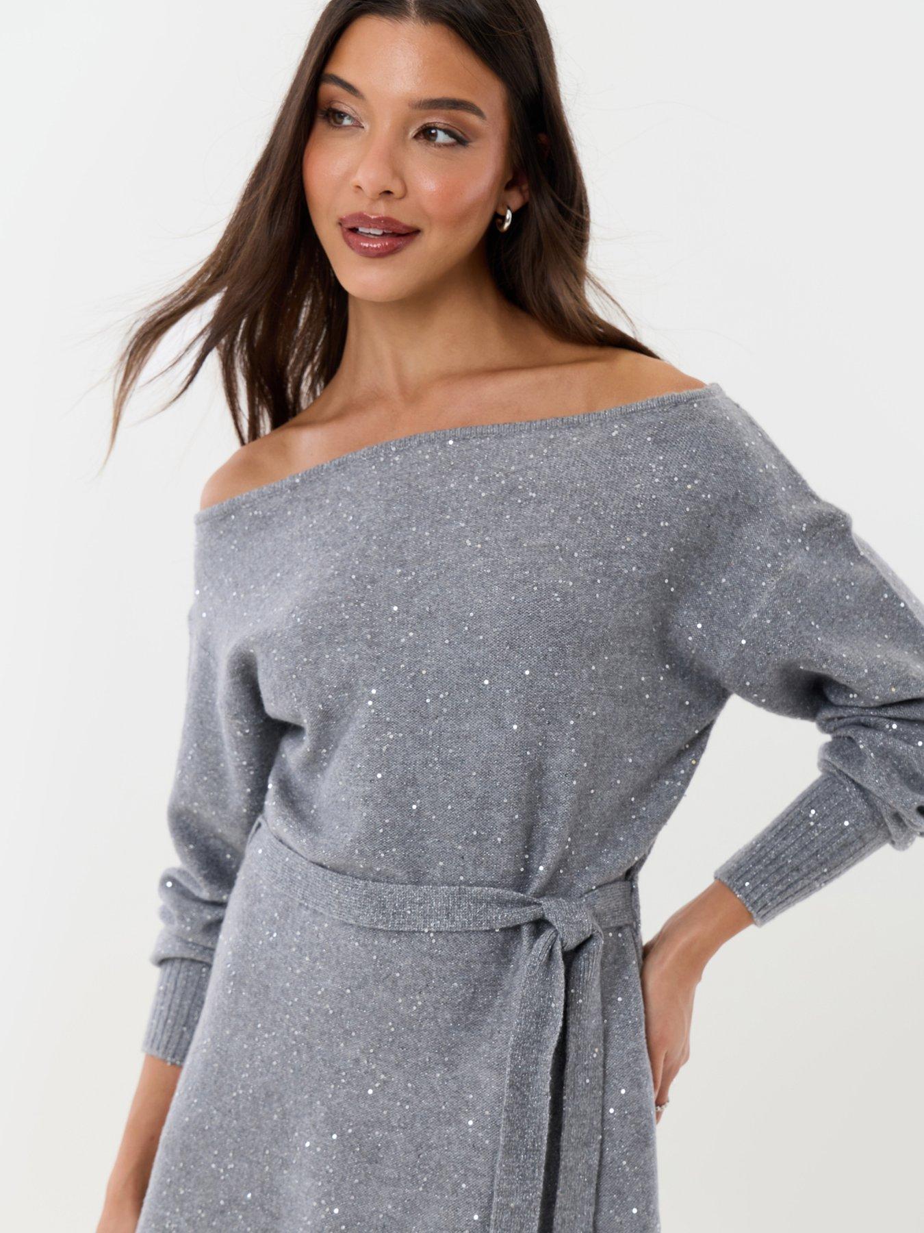 Image 4 of 4 of Threadbare Womens Eadie Slash Neck Belted Cardigan Dress - Grey