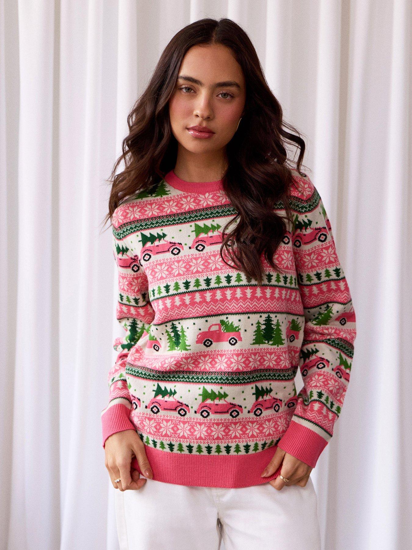 Image 1 of 4 of Threadbare Womens Driving Home Fairisle Christmas Jumper - Pink
