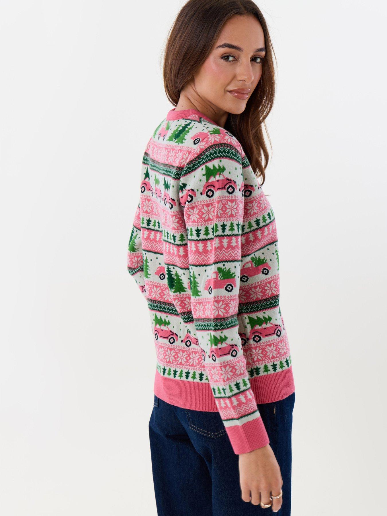 Image 2 of 4 of Threadbare Womens Driving Home Fairisle Christmas Jumper - Pink