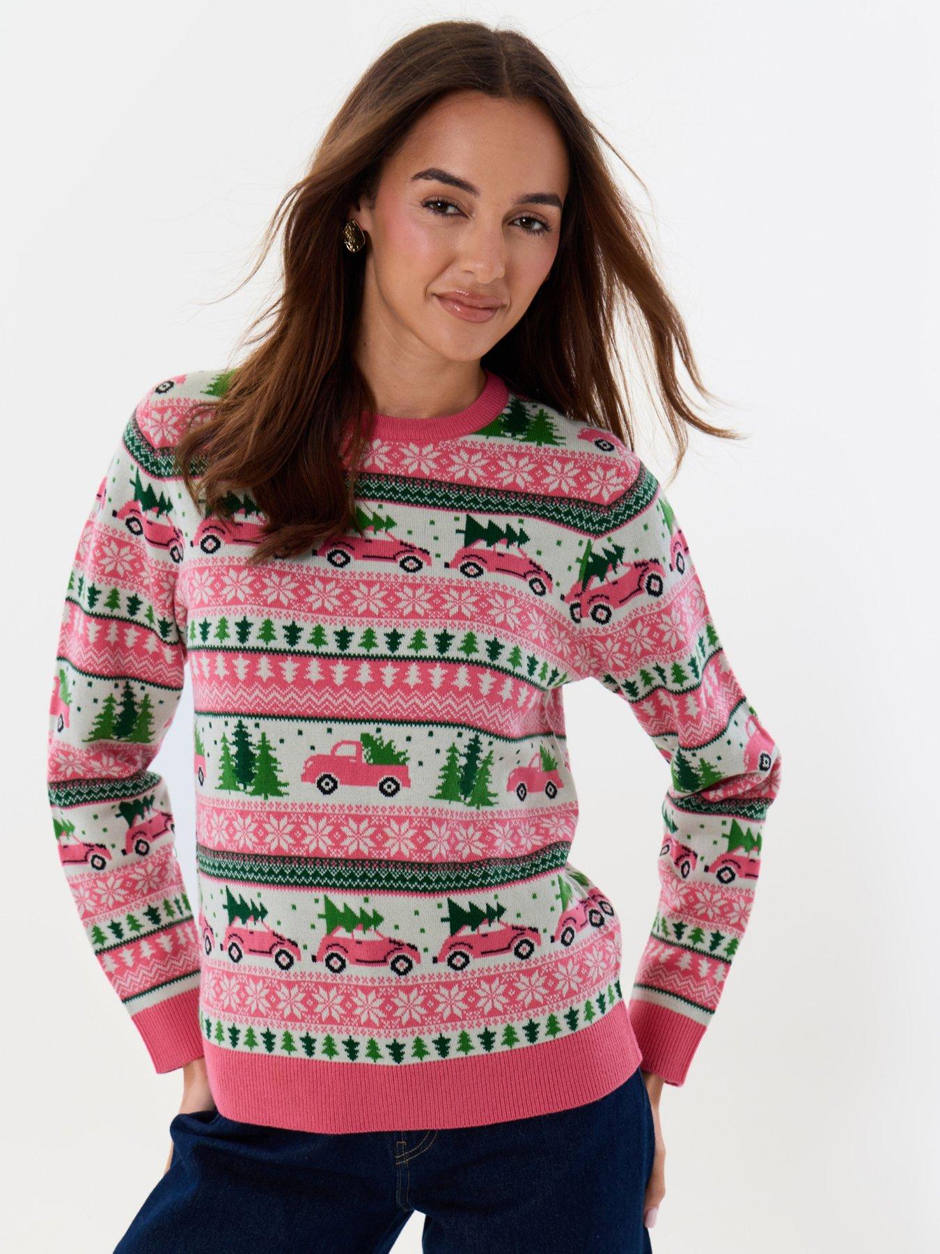 Image 3 of 4 of Threadbare Womens Driving Home Fairisle Christmas Jumper - Pink
